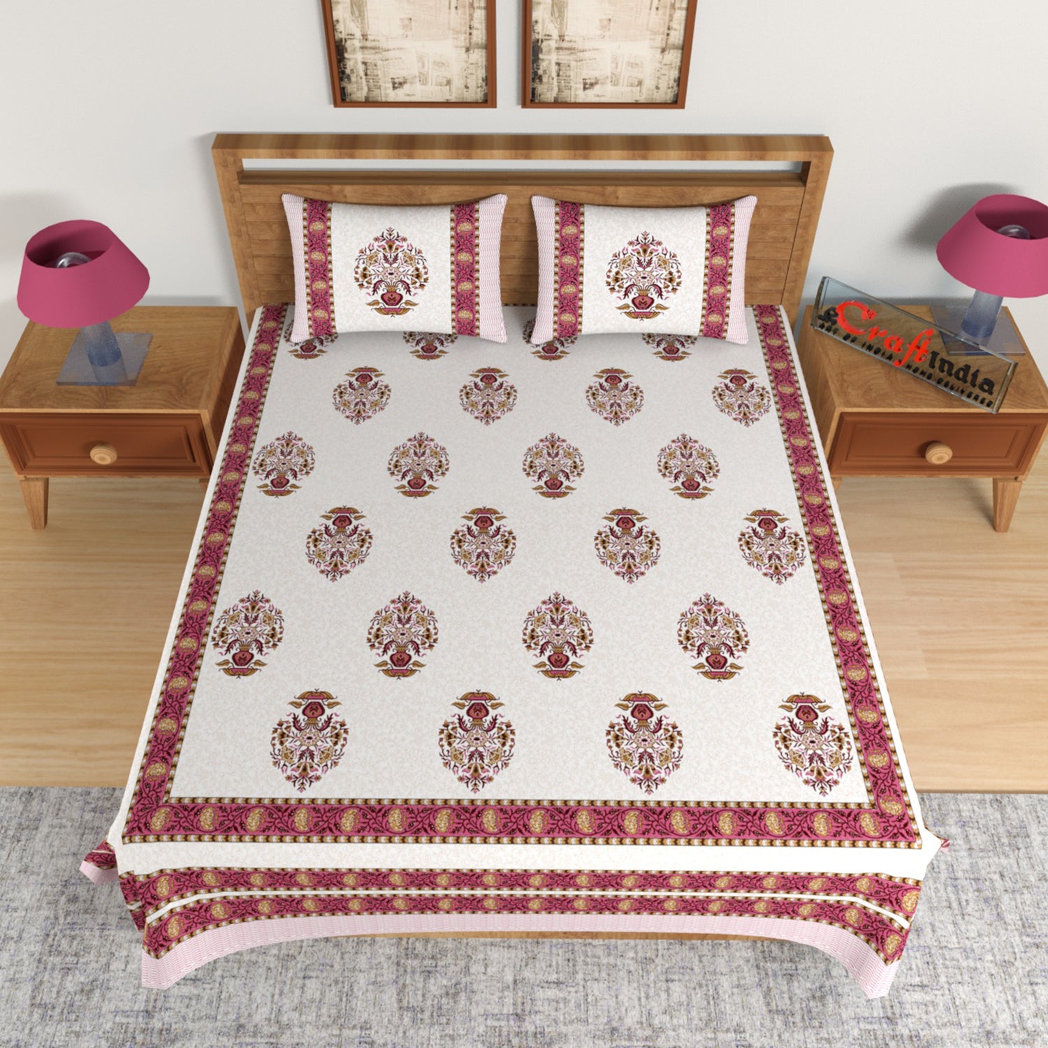 180 TC Pure Cotton Premium Ethnic Jaipuri Floral Print King Size Double Bed Bedsheet (108 In x 108 In) with 2 pillow cover - Pink 2