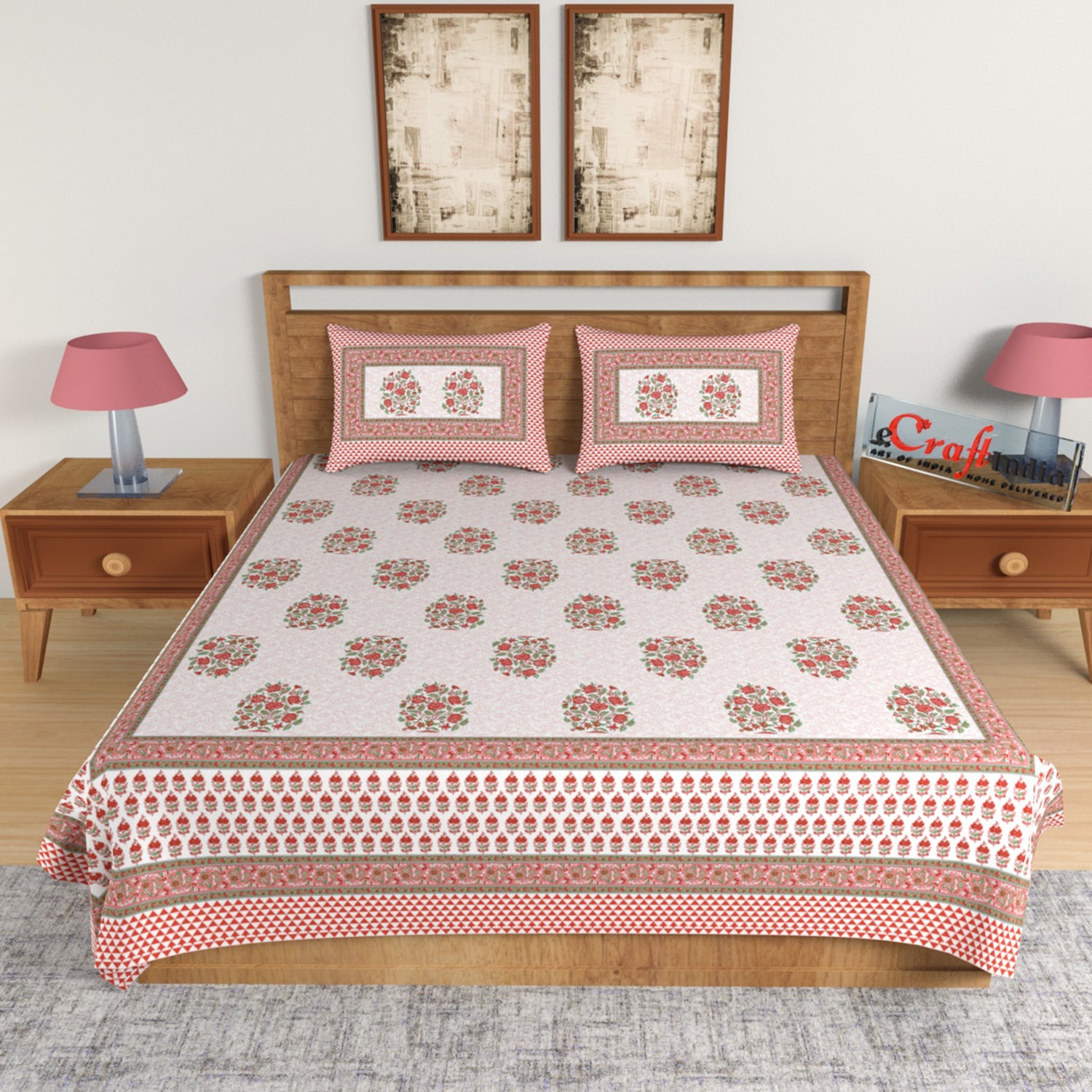 180 TC Pure Cotton Premium Ethnic Jaipuri Floral Print King Size Double Bed Bedsheet (108 In x 108 In) with 2 pillow cover - Pink 1