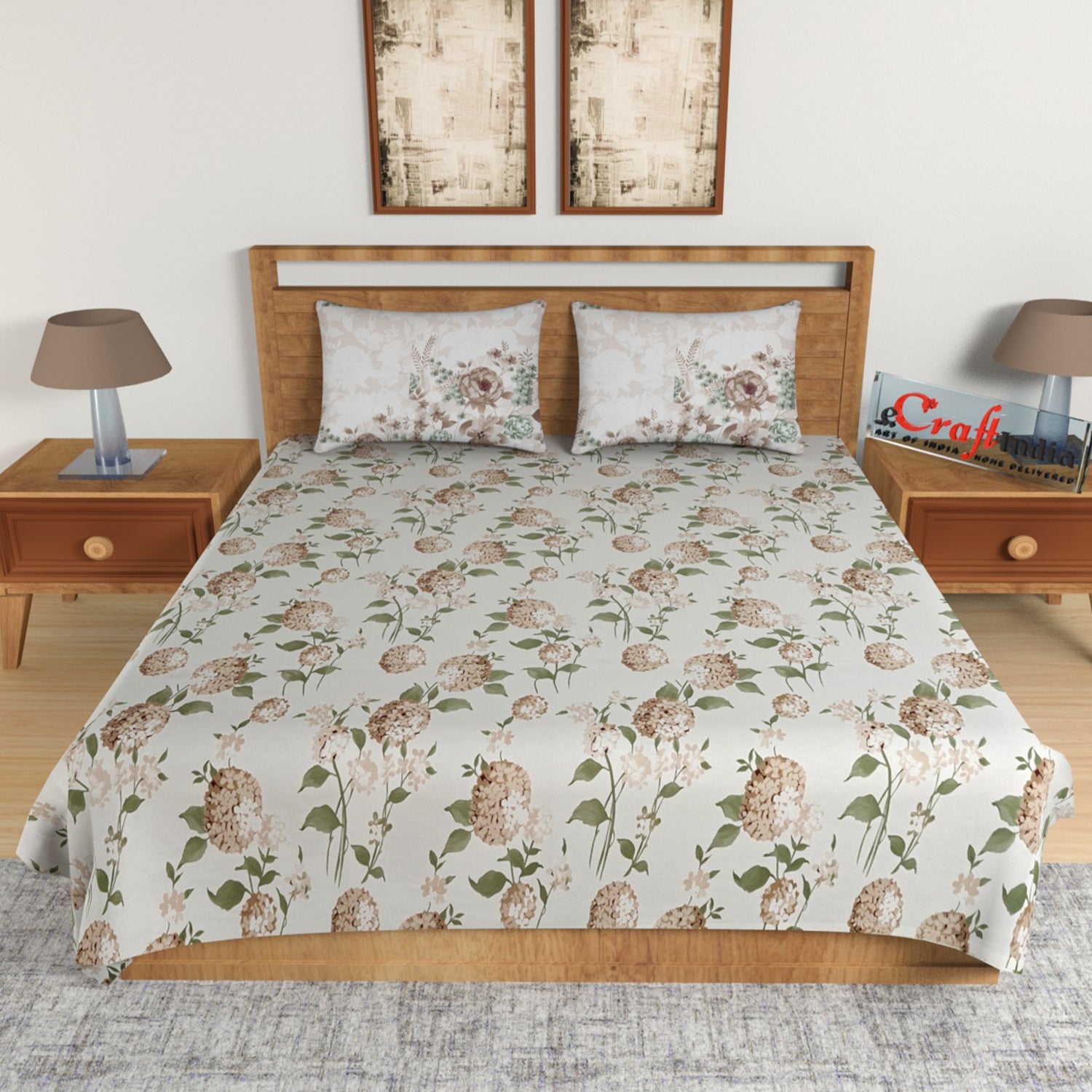 Brown Floral Print 144 TC Cotton Double Bedsheet (90" x 108") with 2 pillow cover 1