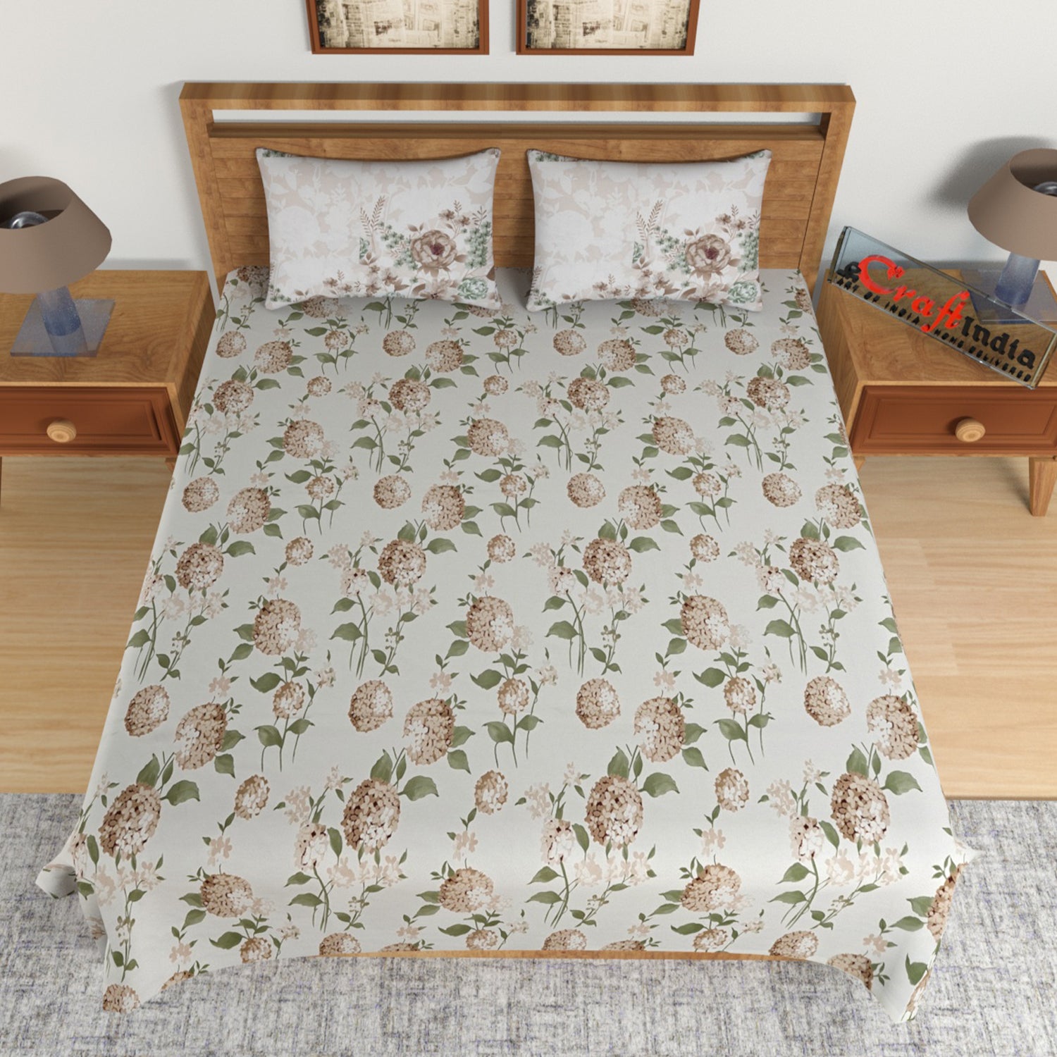 Brown Floral Print 144 TC Cotton Double Bedsheet (90" x 108") with 2 pillow cover 2