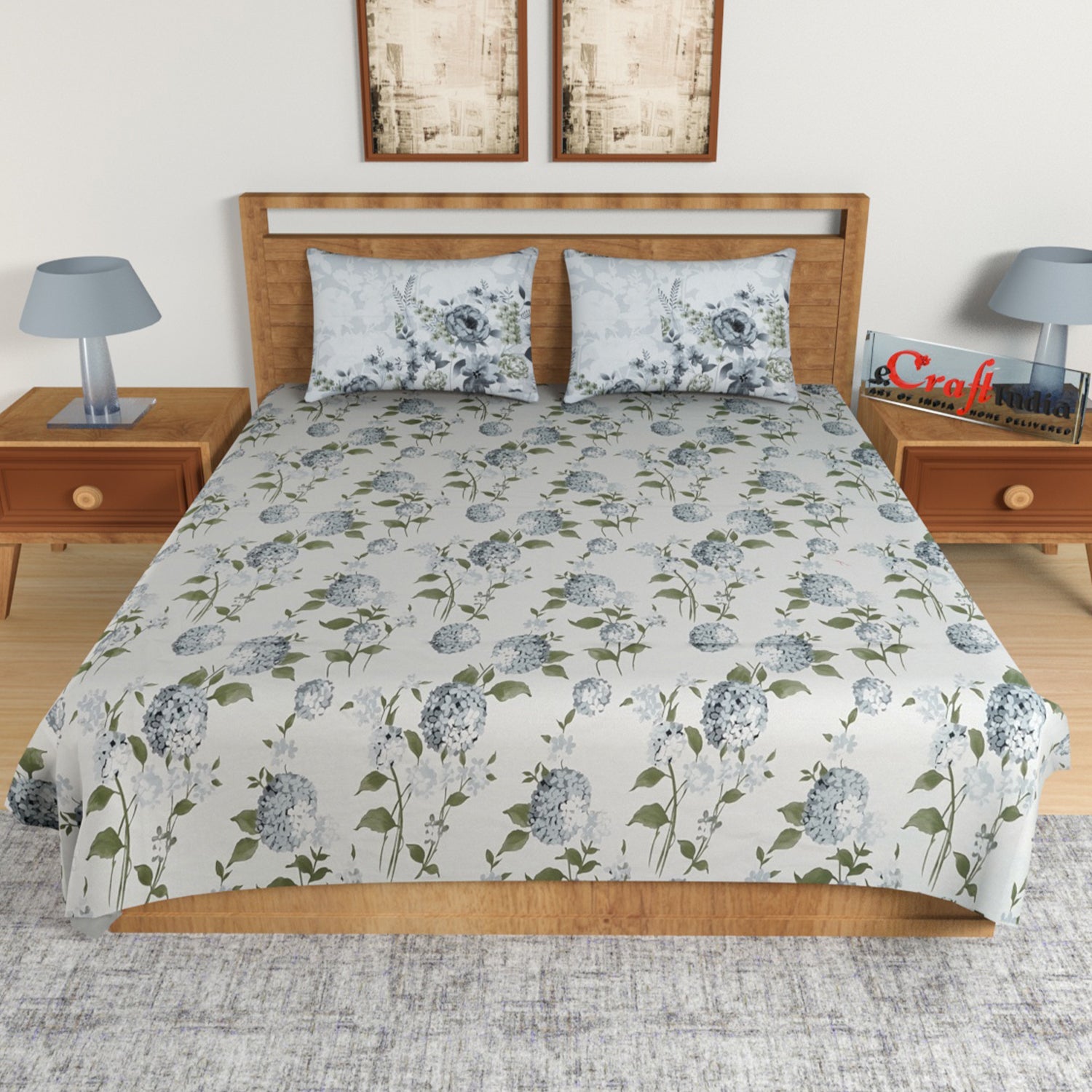 Grey Floral Print 144 TC Cotton Double Bedsheet (90" x 108") with 2 pillow cover 1