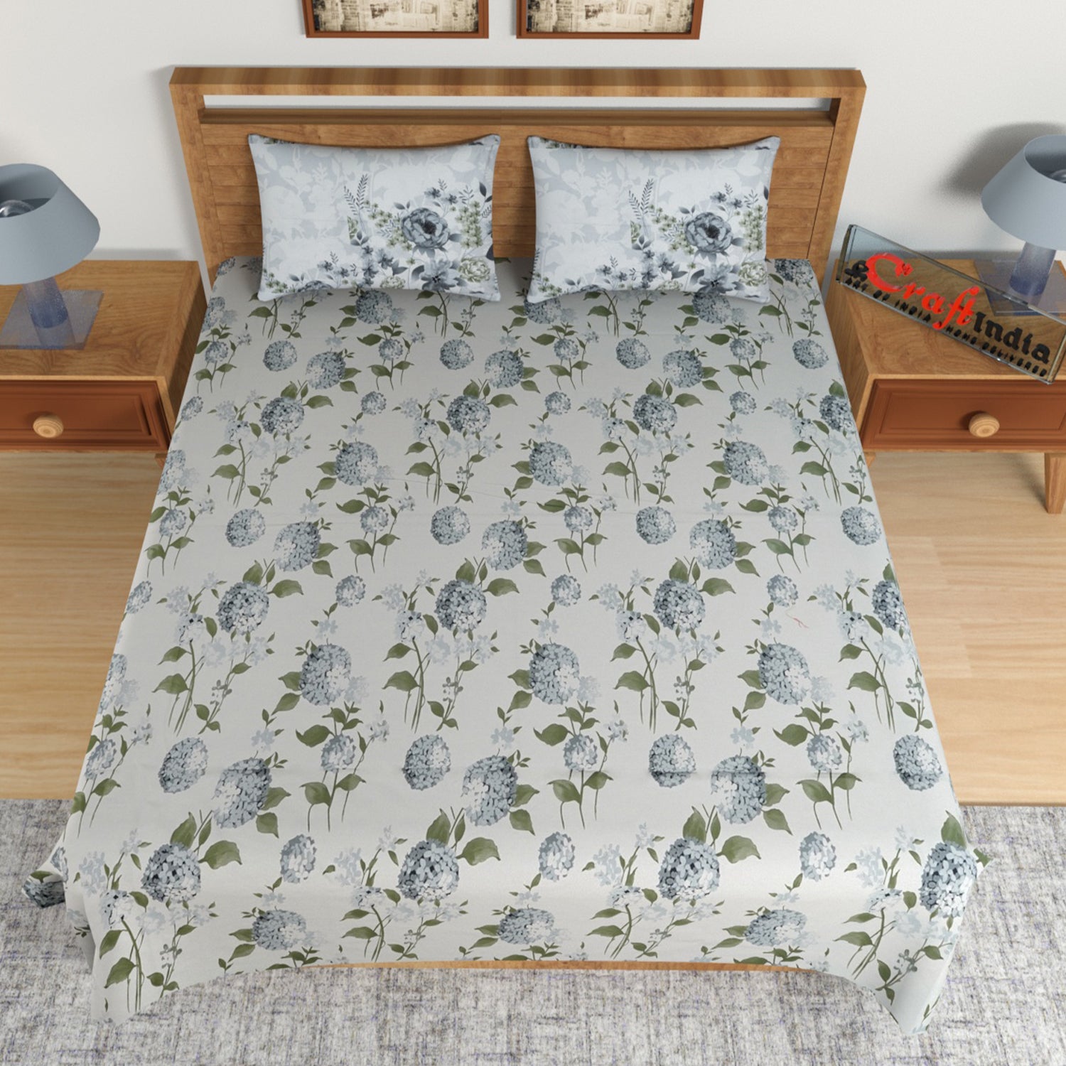 Grey Floral Print 144 TC Cotton Double Bedsheet (90" x 108") with 2 pillow cover 2