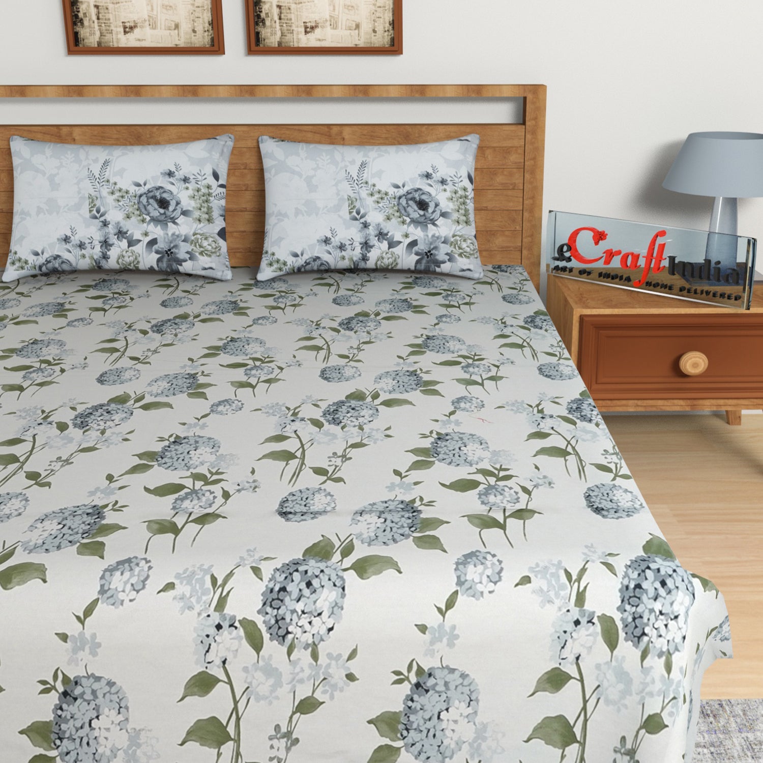 Grey Floral Print 144 TC Cotton Double Bedsheet (90" x 108") with 2 pillow cover 3