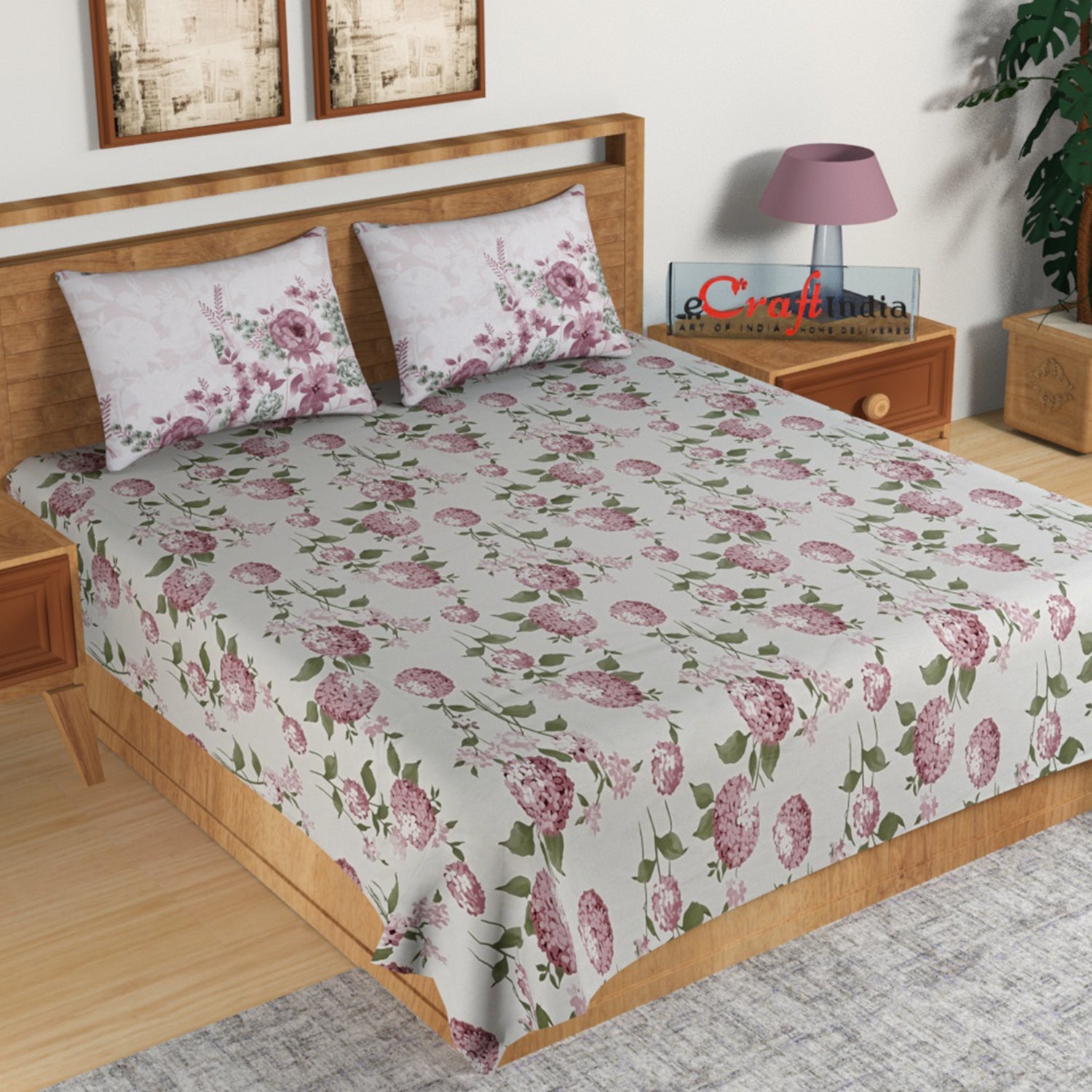 Pink Floral Print 144 TC Cotton Double Bedsheet (90" x 108") with 2 pillow cover