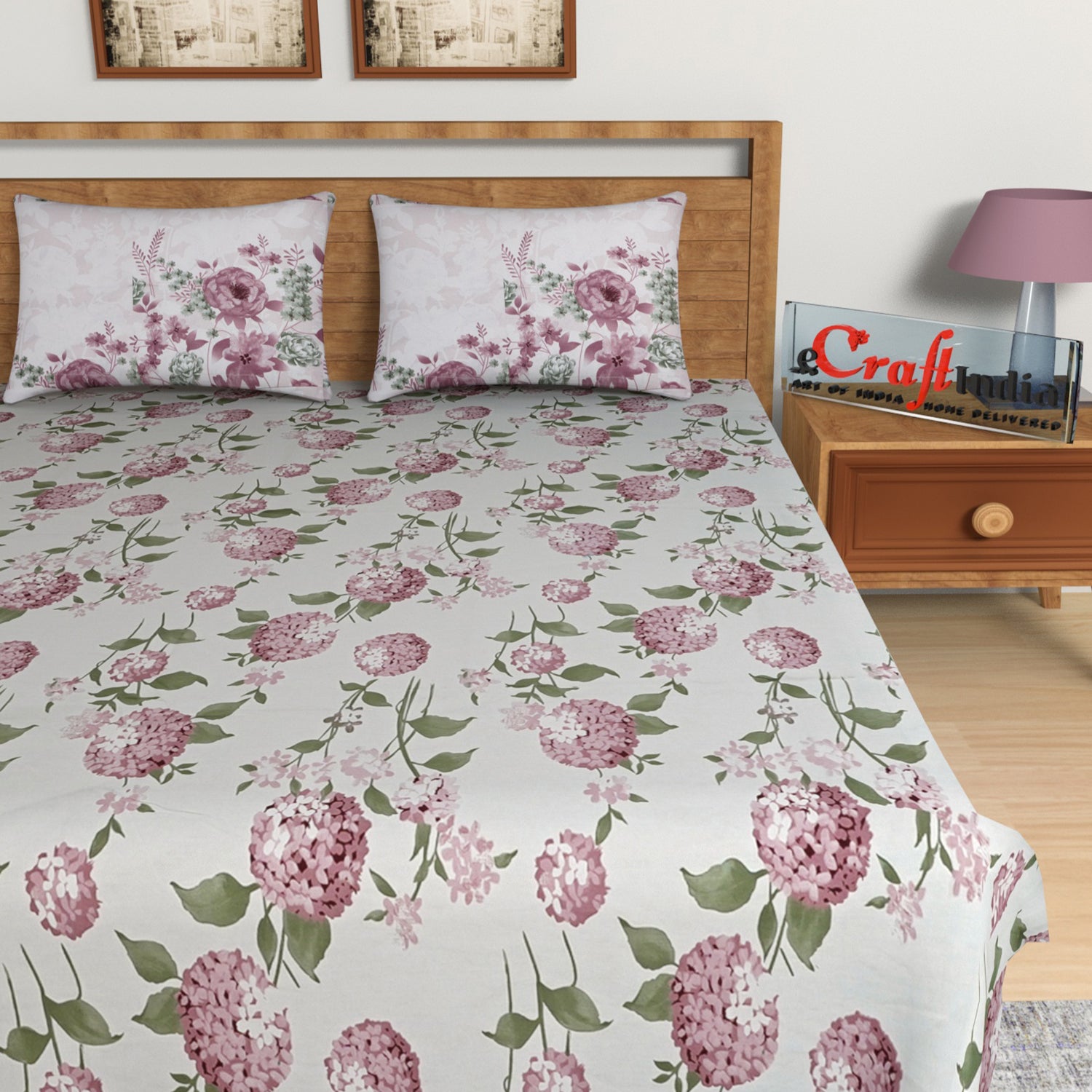 Pink Floral Print 144 TC Cotton Double Bedsheet (90" x 108") with 2 pillow cover 3