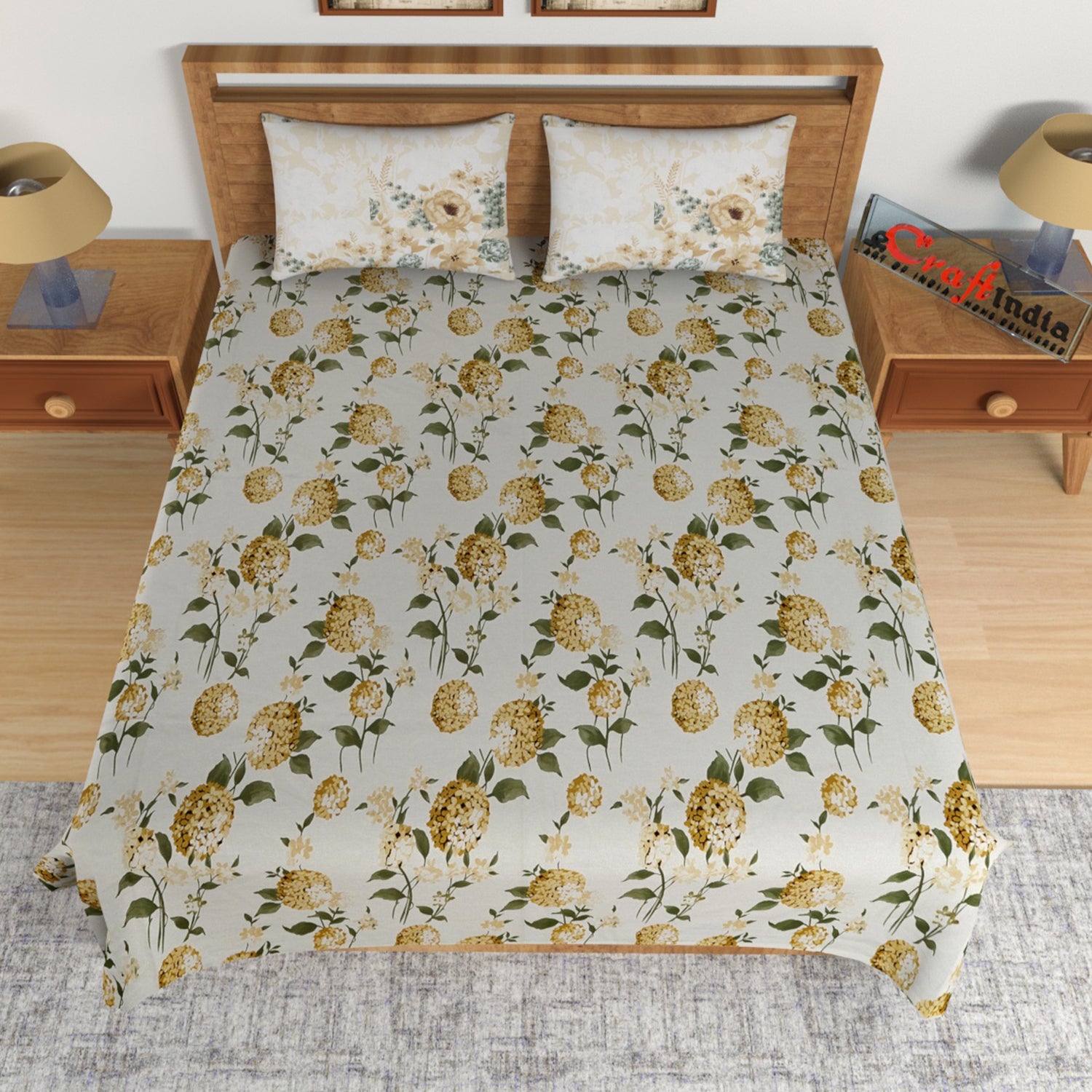 Yellow Floral Print 144 TC Cotton Double Bedsheet (90" x 108") with 2 pillow cover 2