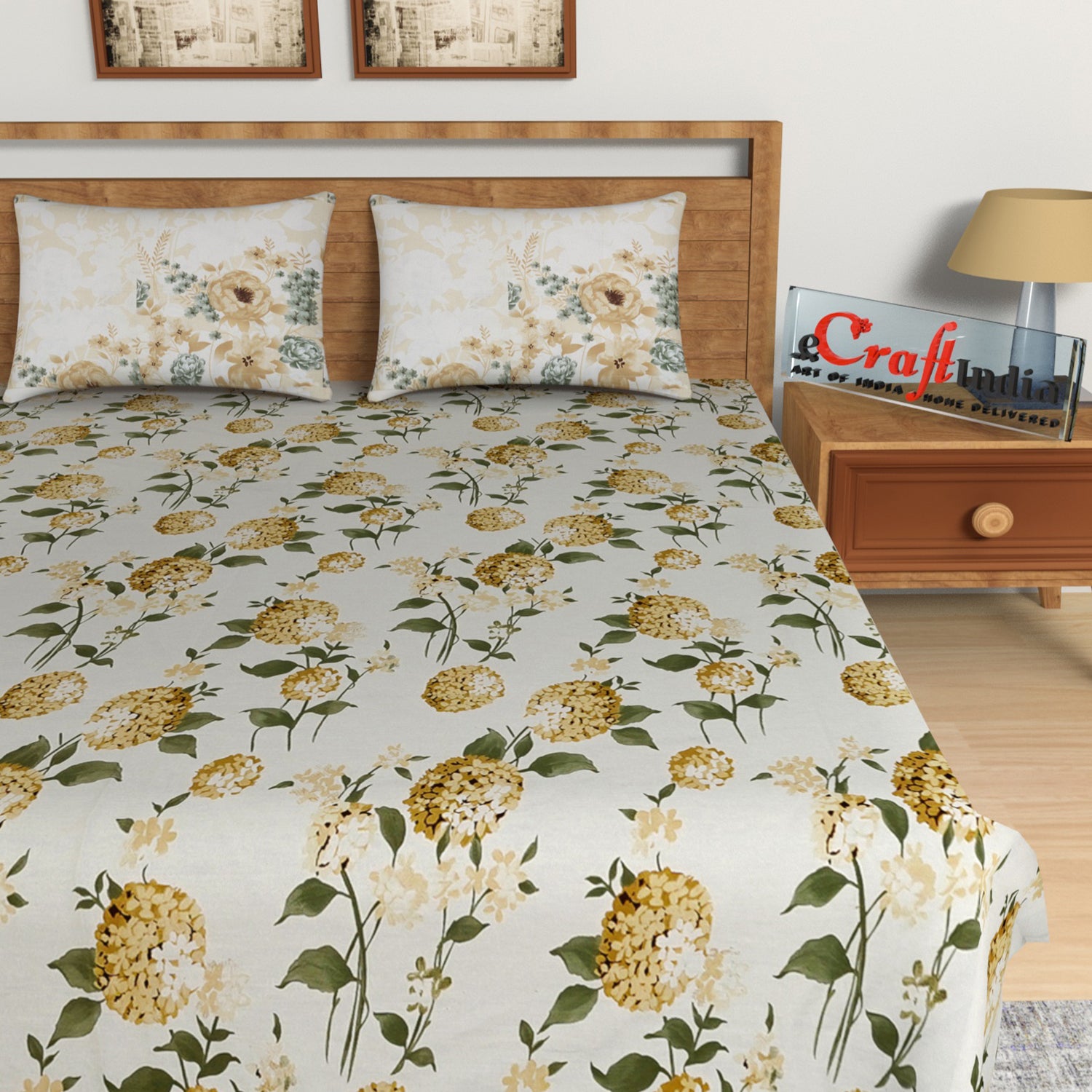 Yellow Floral Print 144 TC Cotton Double Bedsheet (90" x 108") with 2 pillow cover 3