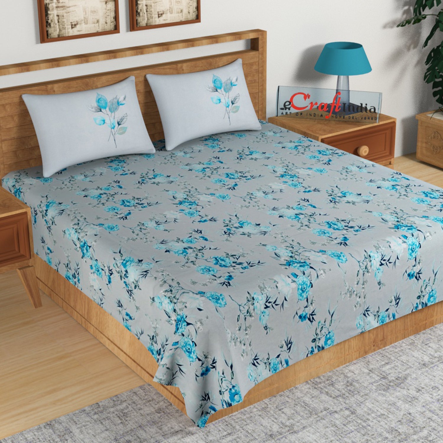 Blue Floral Print 144 TC Cotton Double Bedsheet (90" x 108") with 2 pillow cover