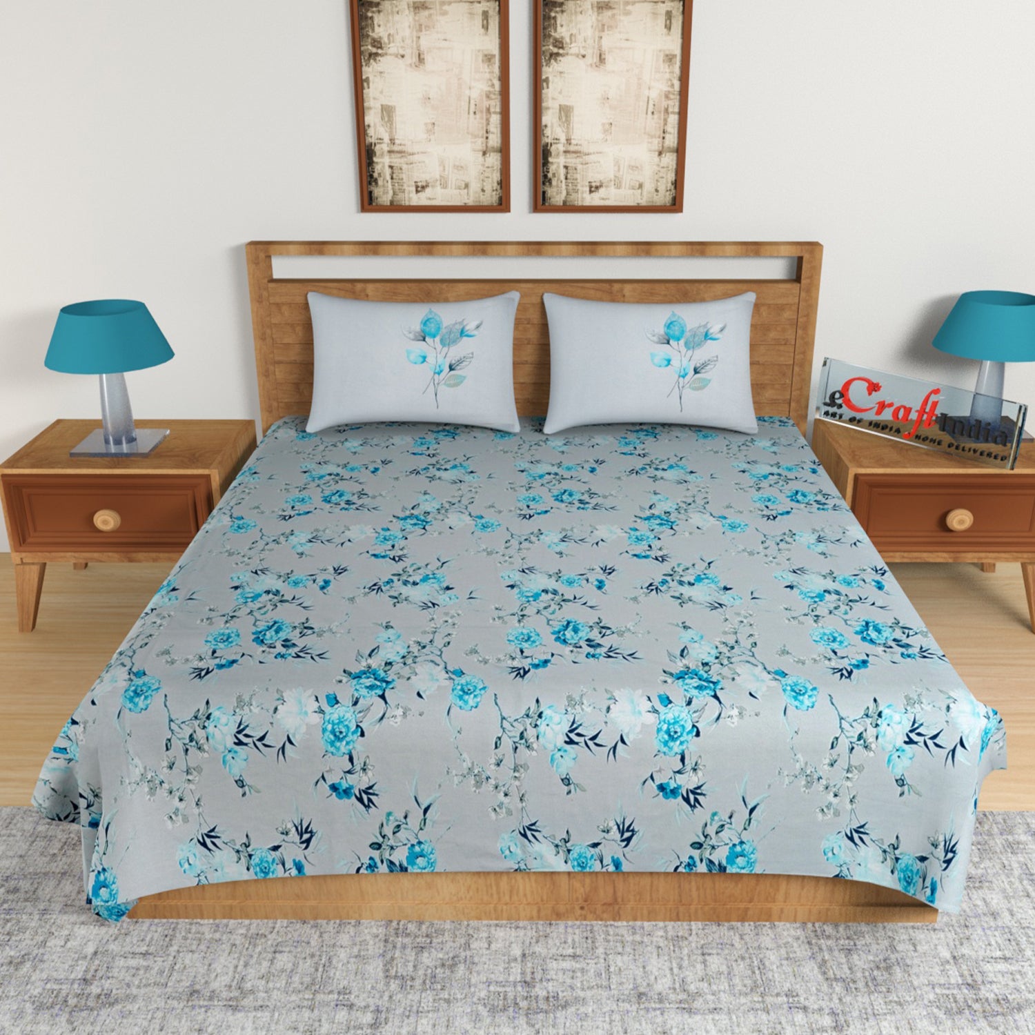 Blue Floral Print 144 TC Cotton Double Bedsheet (90" x 108") with 2 pillow cover 1