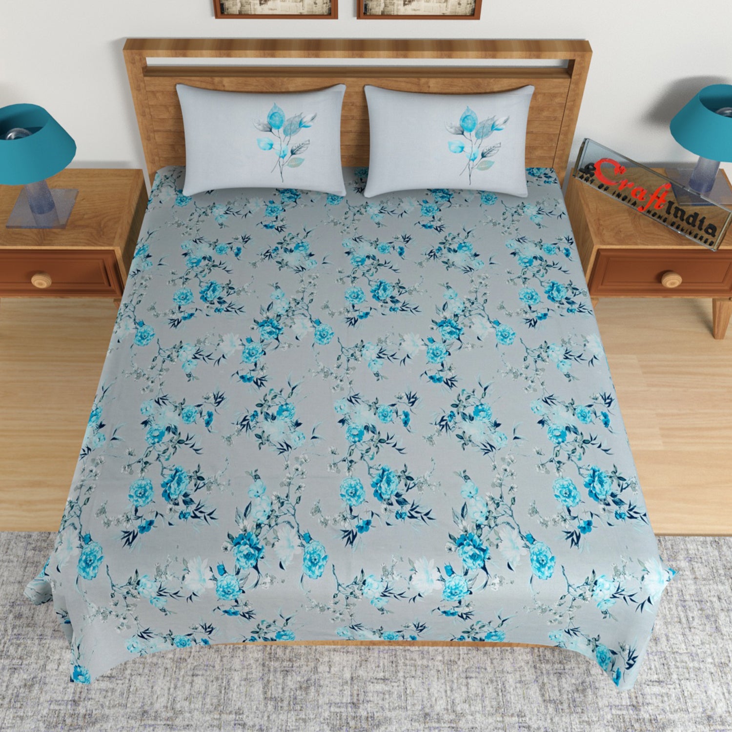 Blue Floral Print 144 TC Cotton Double Bedsheet (90" x 108") with 2 pillow cover 2