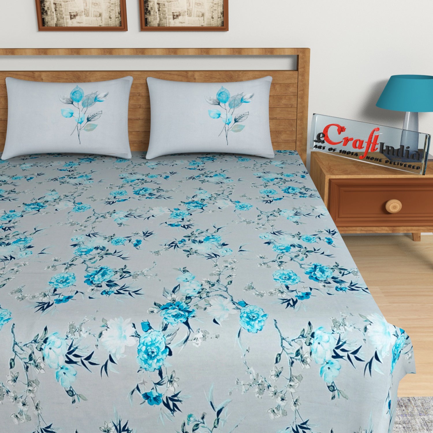 Blue Floral Print 144 TC Cotton Double Bedsheet (90" x 108") with 2 pillow cover 3