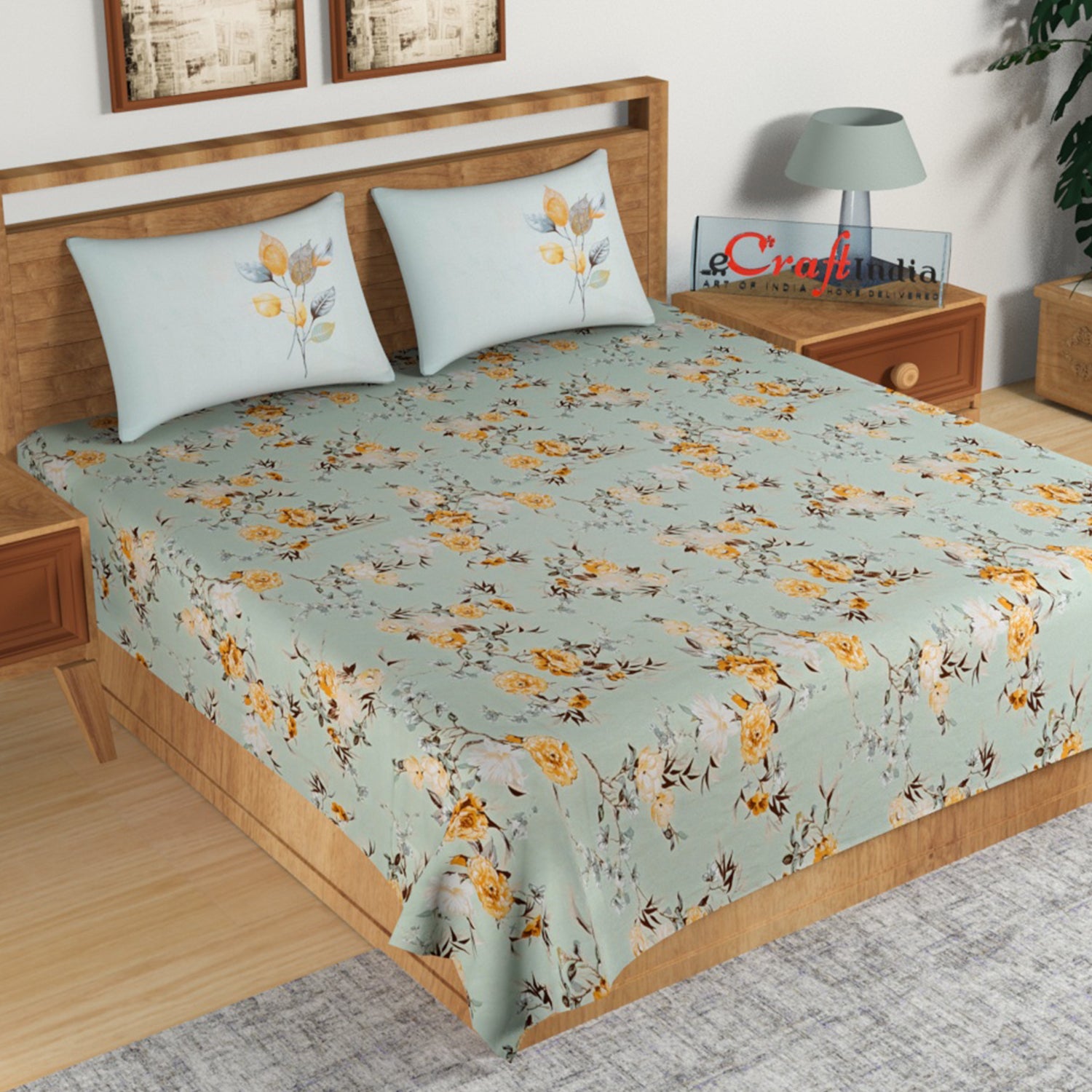 Green Floral Print 144 TC Cotton Double Bedsheet (90" x 108") with 2 pillow cover