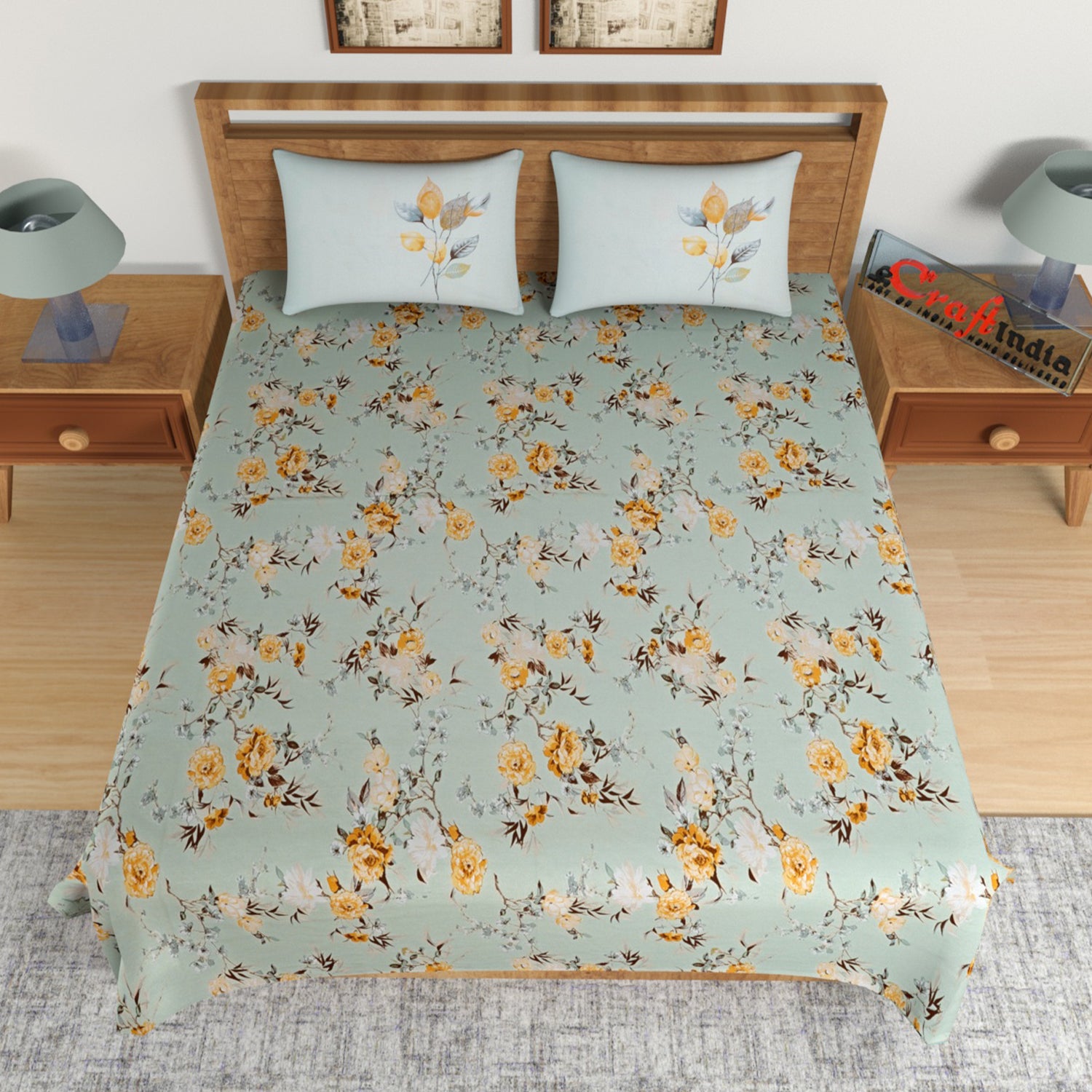 Green Floral Print 144 TC Cotton Double Bedsheet (90" x 108") with 2 pillow cover 2