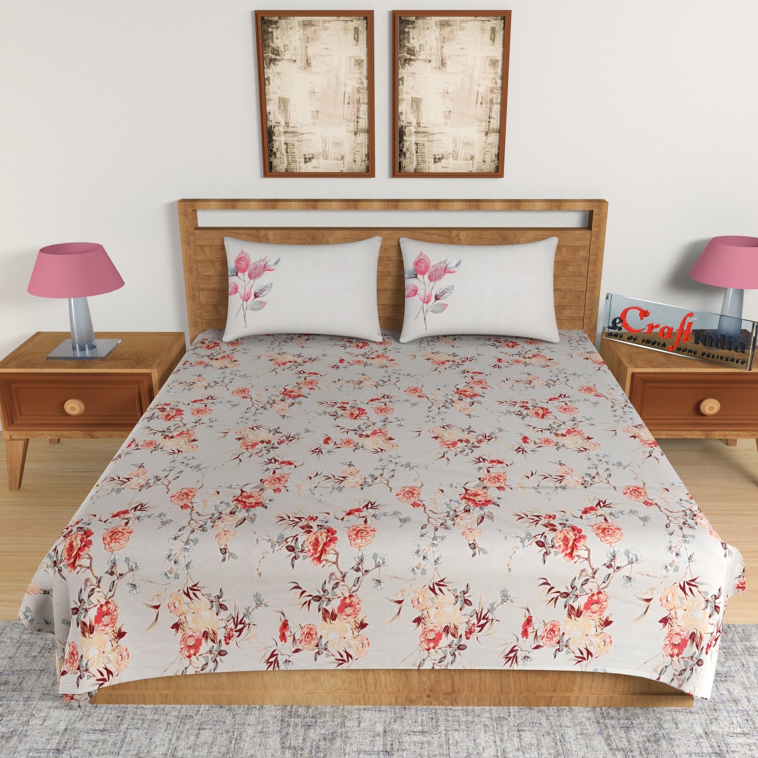 Pink Floral Print 144 TC Cotton Double Bedsheet (90" x 108") with 2 pillow cover 1