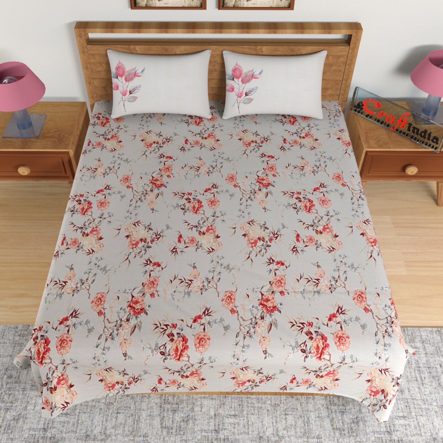Pink Floral Print 144 TC Cotton Double Bedsheet (90" x 108") with 2 pillow cover 2