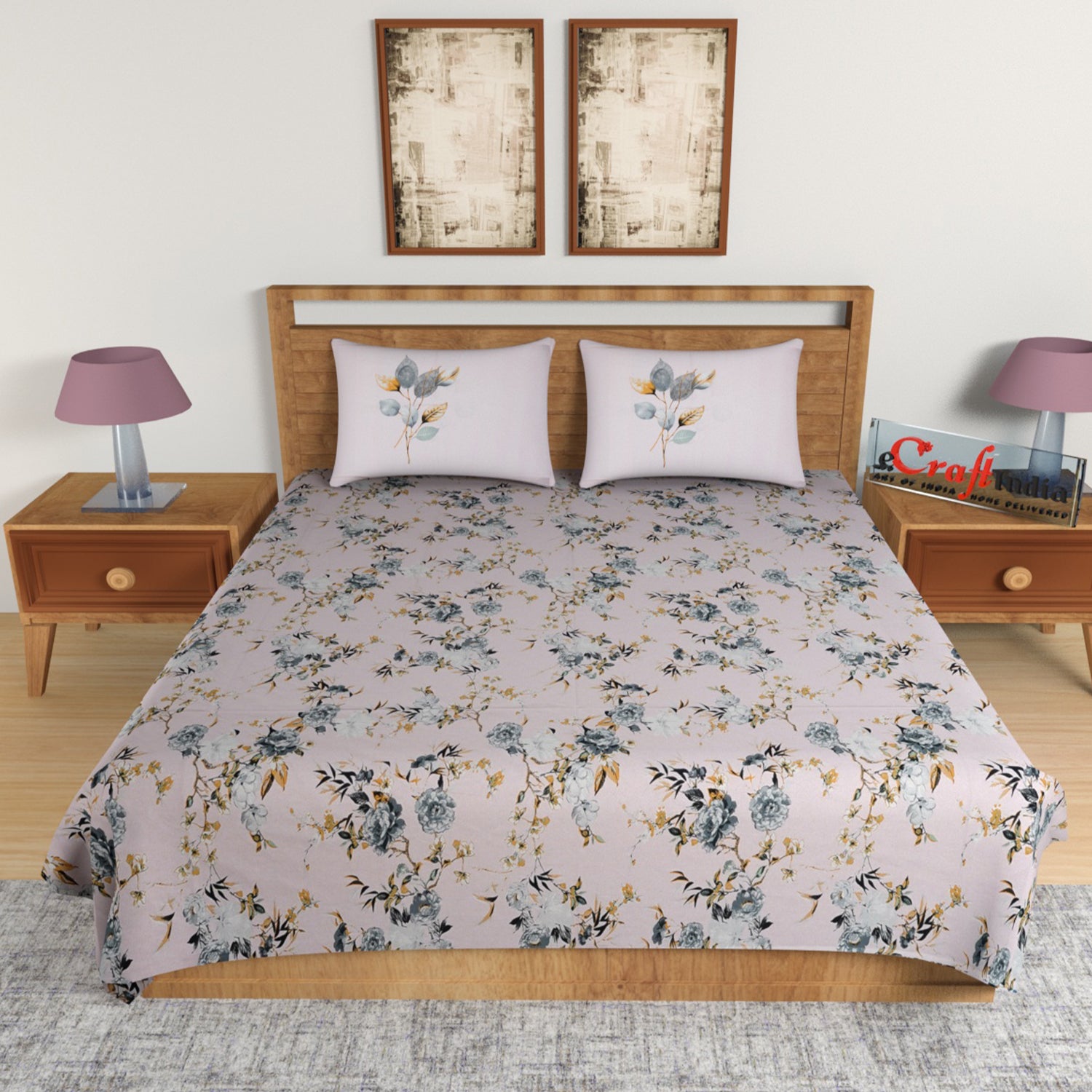 Purple Floral Print 144 TC Cotton Double Bedsheet (90" x 108") with 2 pillow cover 1