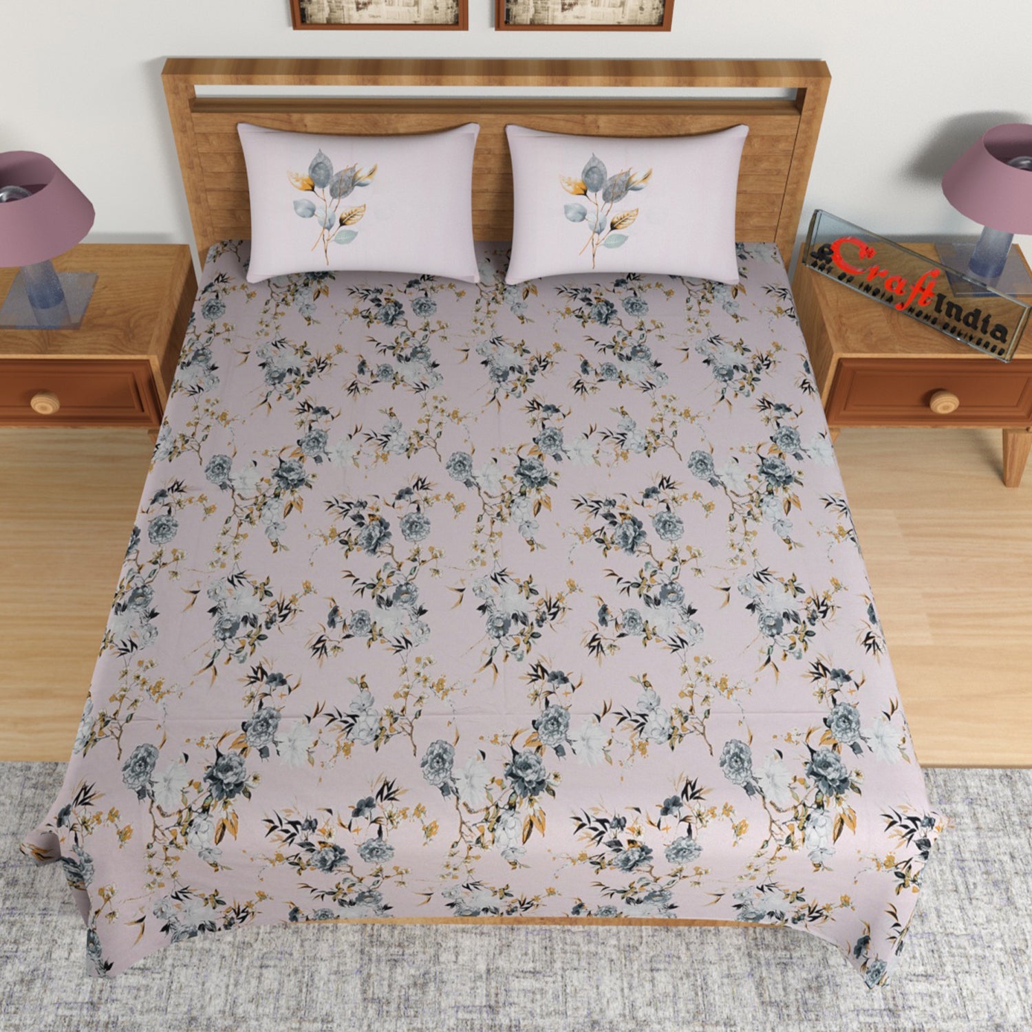 Purple Floral Print 144 TC Cotton Double Bedsheet (90" x 108") with 2 pillow cover 2