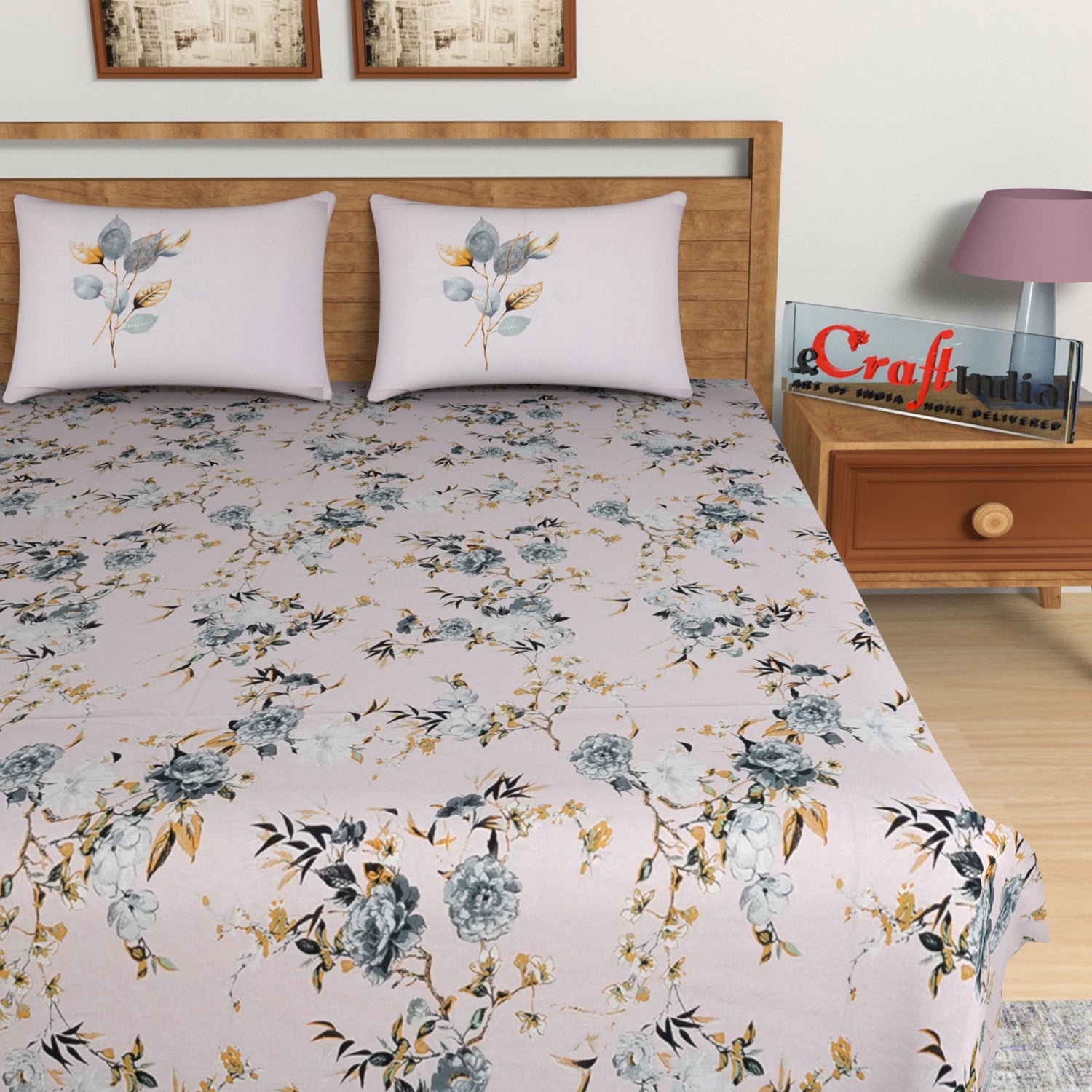 Purple Floral Print 144 TC Cotton Double Bedsheet (90" x 108") with 2 pillow cover 3