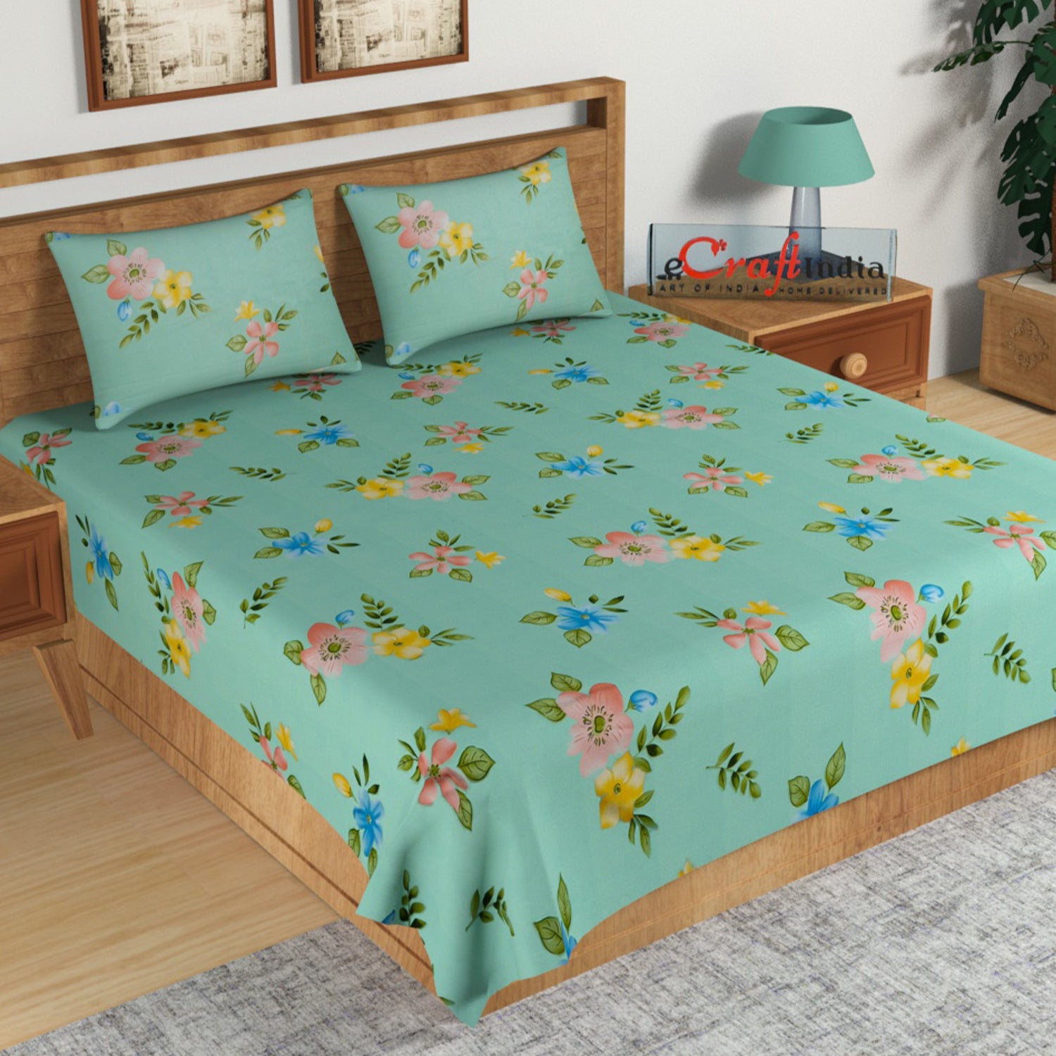 Green and Brown Floral Print 140 TC Glace Cotton Double Bedsheet (90" x 100") with 2 pillow cover