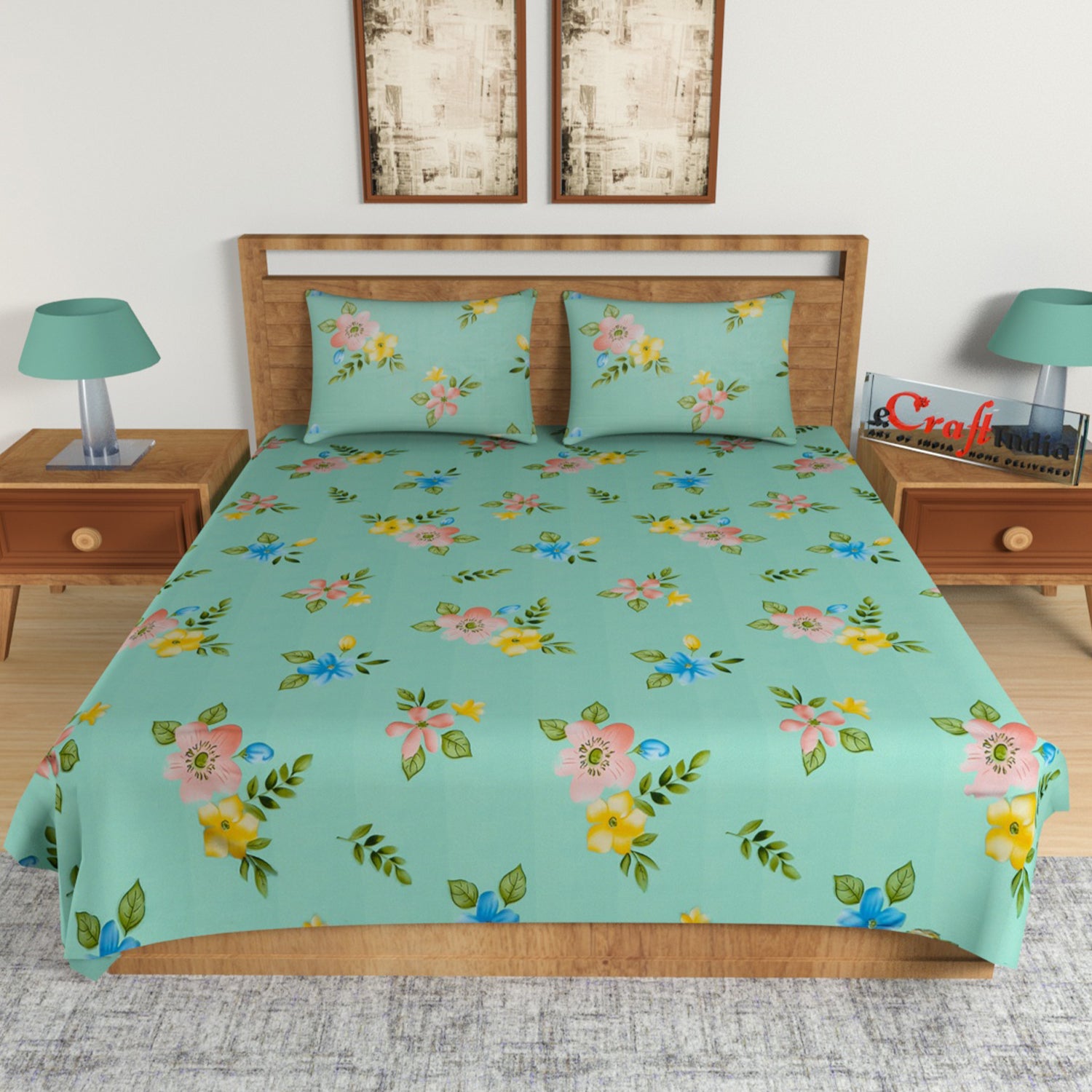 Green and Brown Floral Print 140 TC Glace Cotton Double Bedsheet (90" x 100") with 2 pillow cover 1