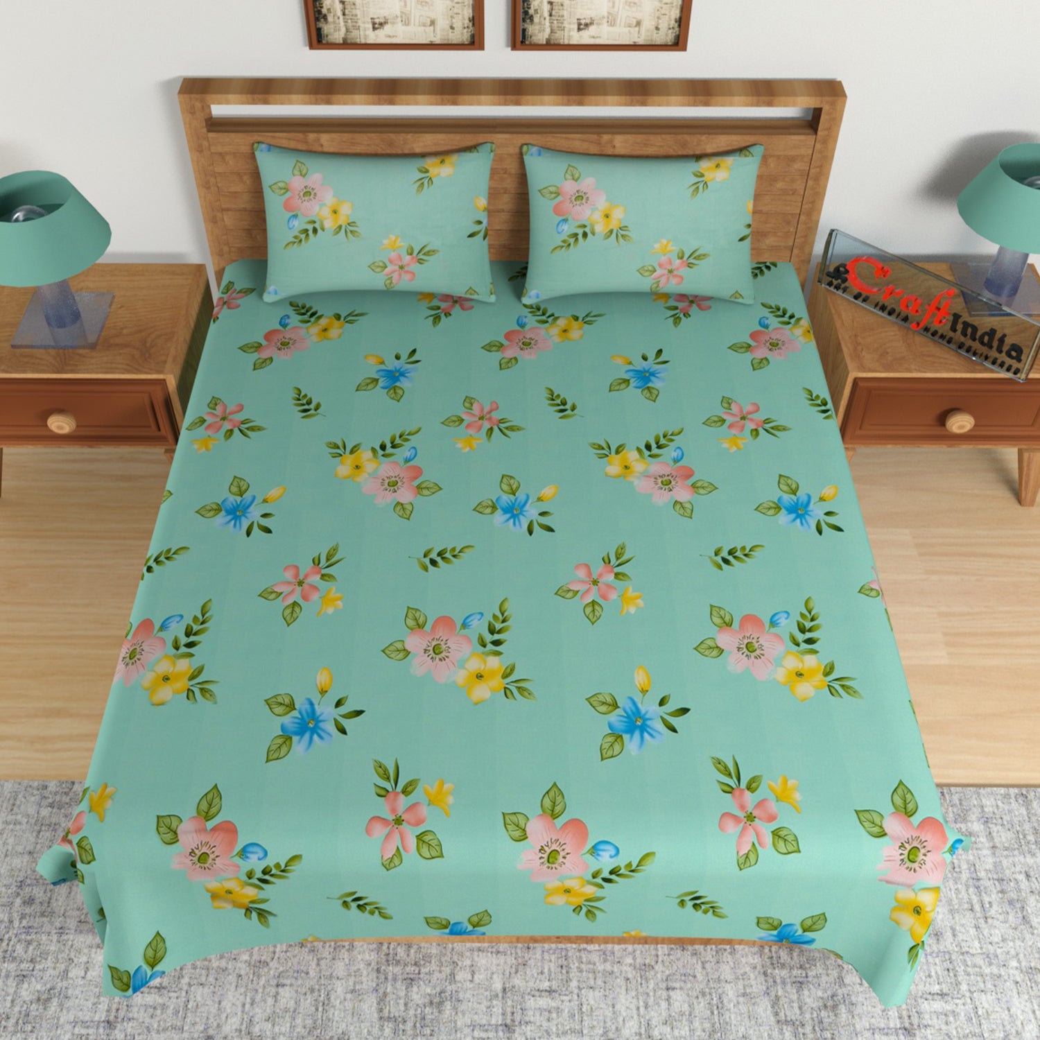 Green and Brown Floral Print 140 TC Glace Cotton Double Bedsheet (90" x 100") with 2 pillow cover 2