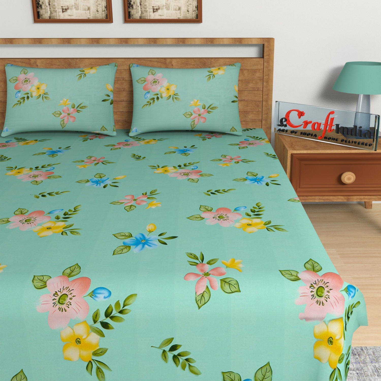 Green and Brown Floral Print 140 TC Glace Cotton Double Bedsheet (90" x 100") with 2 pillow cover 3