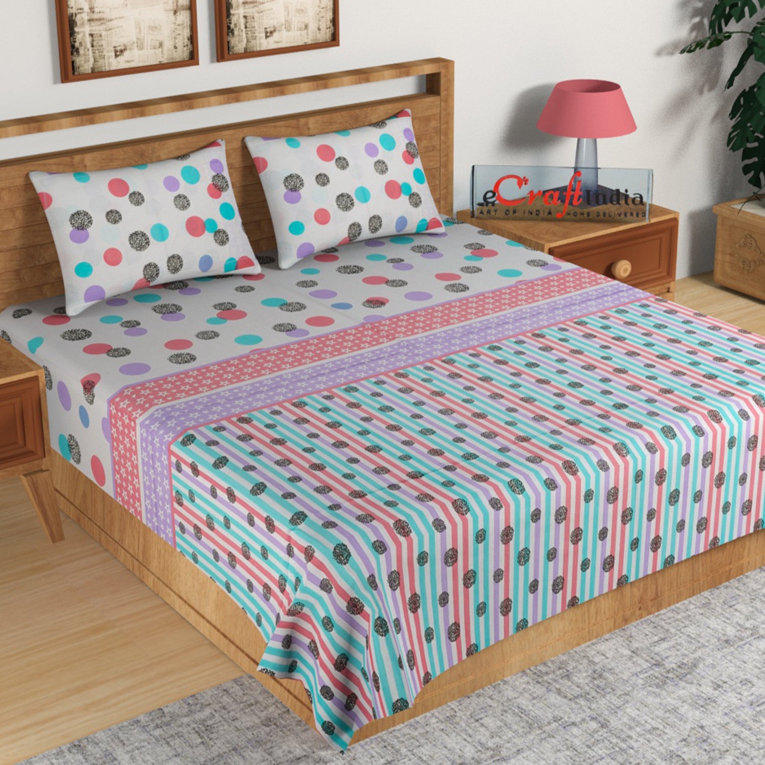 Multicolor Abstract Print 144 TC Cotton Double Bedsheet (90" x 100") with 2 pillow cover