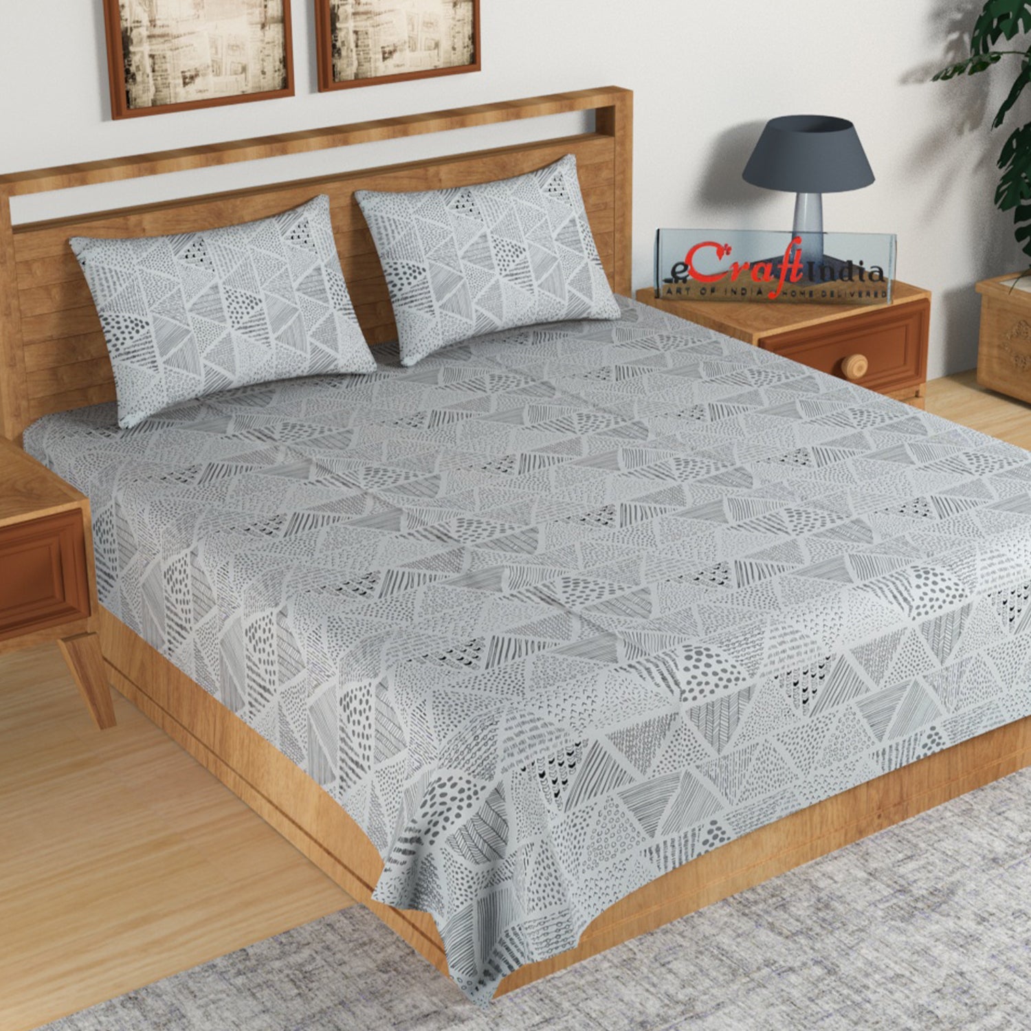 Grey Geometric Print 144 TC Cotton Double Bedsheet (90" x 100") with 2 pillow cover