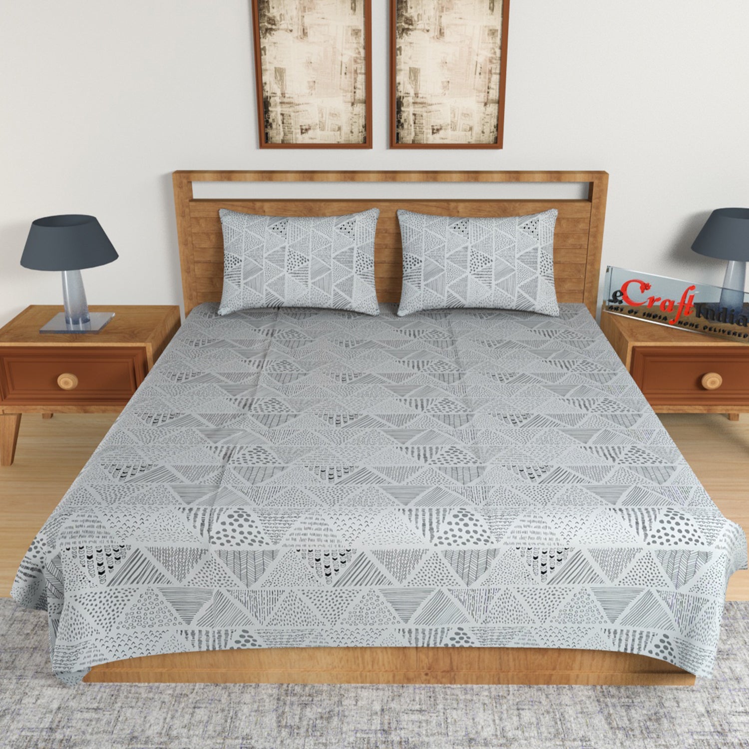 Grey Geometric Print 144 TC Cotton Double Bedsheet (90" x 100") with 2 pillow cover 1