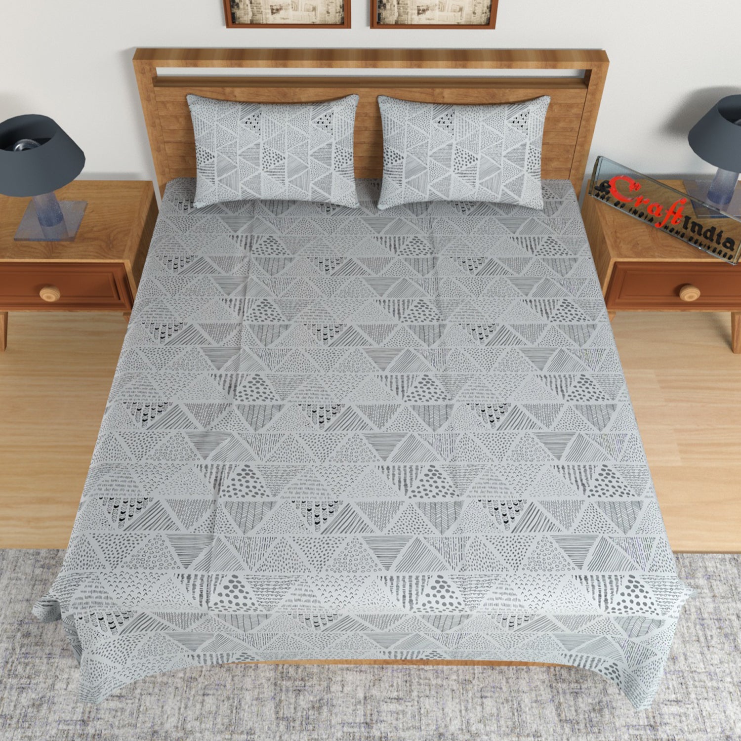 Grey Geometric Print 144 TC Cotton Double Bedsheet (90" x 100") with 2 pillow cover 2