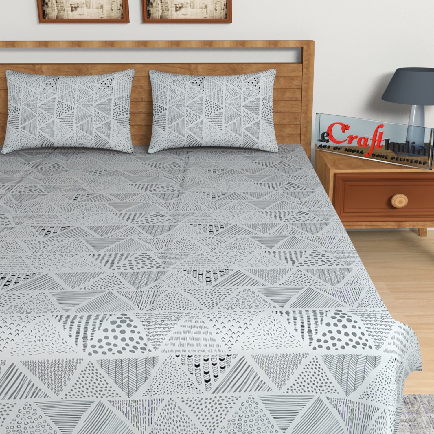 Grey Geometric Print 144 TC Cotton Double Bedsheet (90" x 100") with 2 pillow cover 3