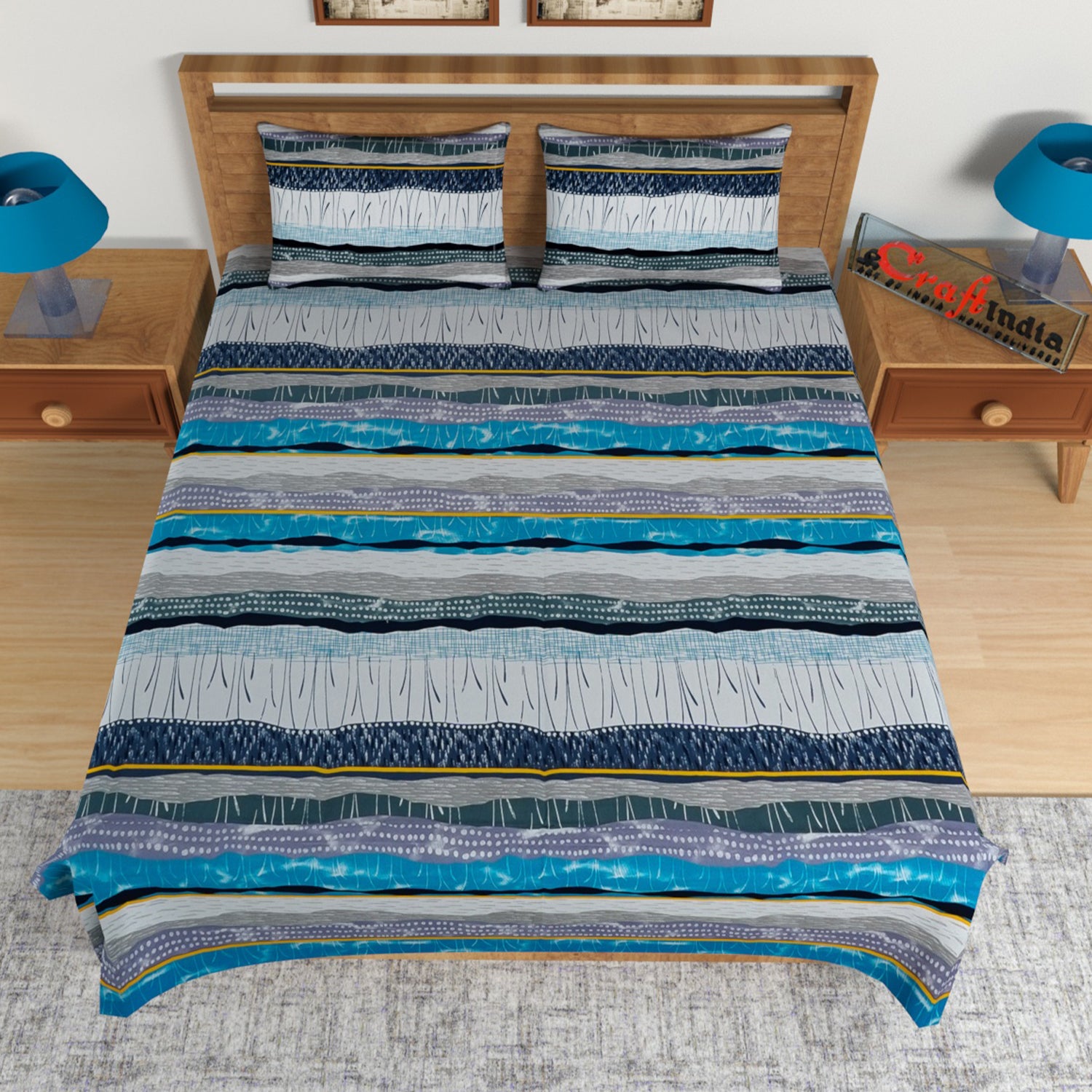 Blue and Black Abstract Print 144 TC Cotton Double Bedsheet (90" x 100") with 2 pillow cover 2