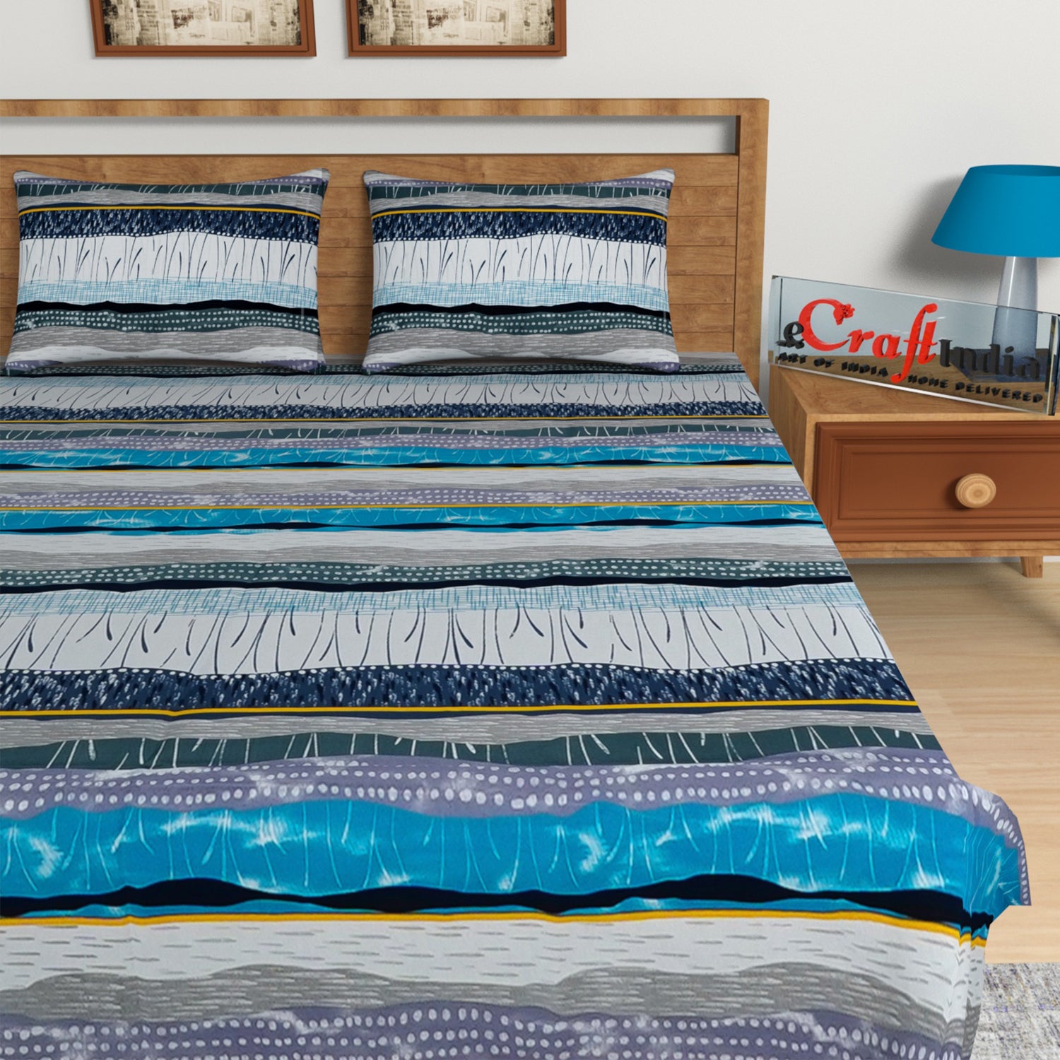 Blue and Black Abstract Print 144 TC Cotton Double Bedsheet (90" x 100") with 2 pillow cover 3