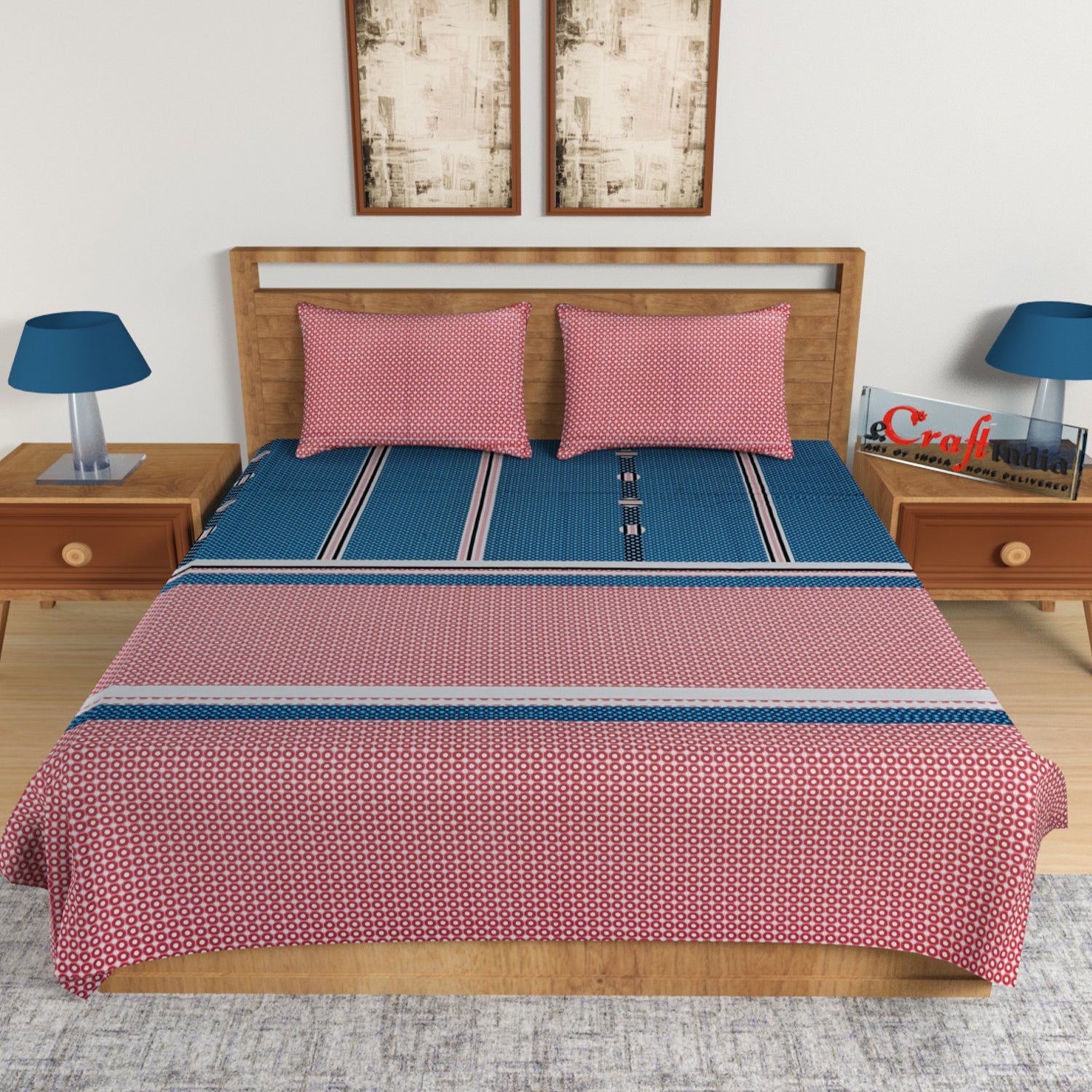 Pink and Blue Abstract Print 180 TC Cotton Double Bedsheet (100" x 108") with 2 pillow cover 1