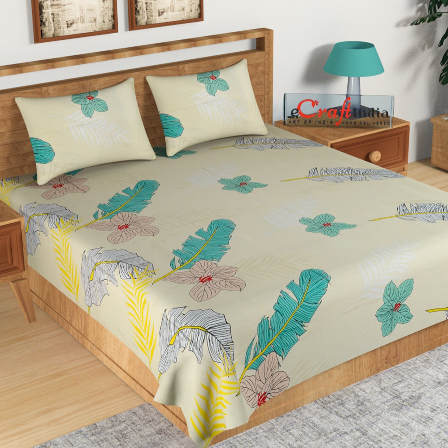 Green and Brown Leaves Print 140 TC Glace Cotton Double Bedsheet (90" x 100") with 2 pillow cover