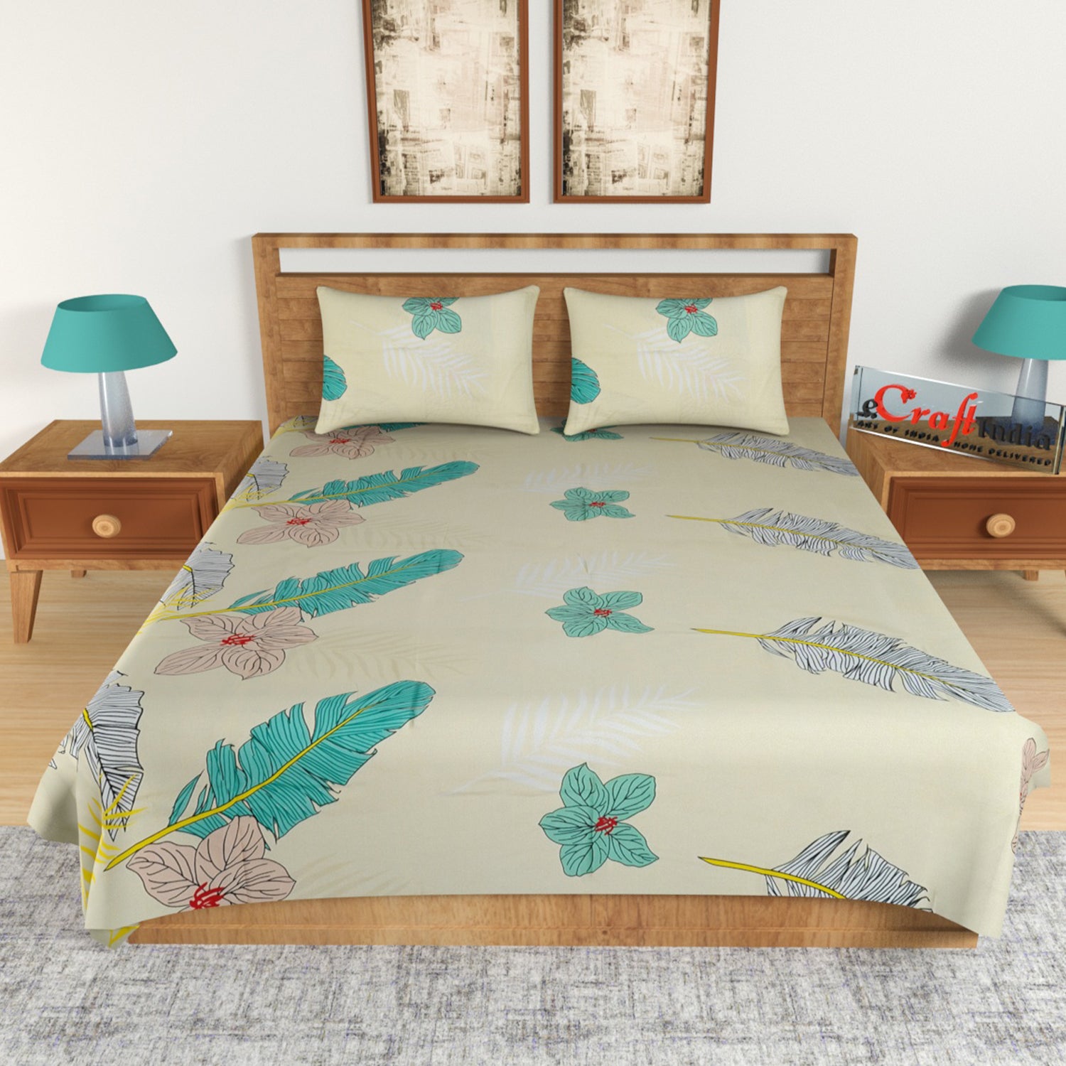 Green and Brown Leaves Print 140 TC Glace Cotton Double Bedsheet (90" x 100") with 2 pillow cover 1