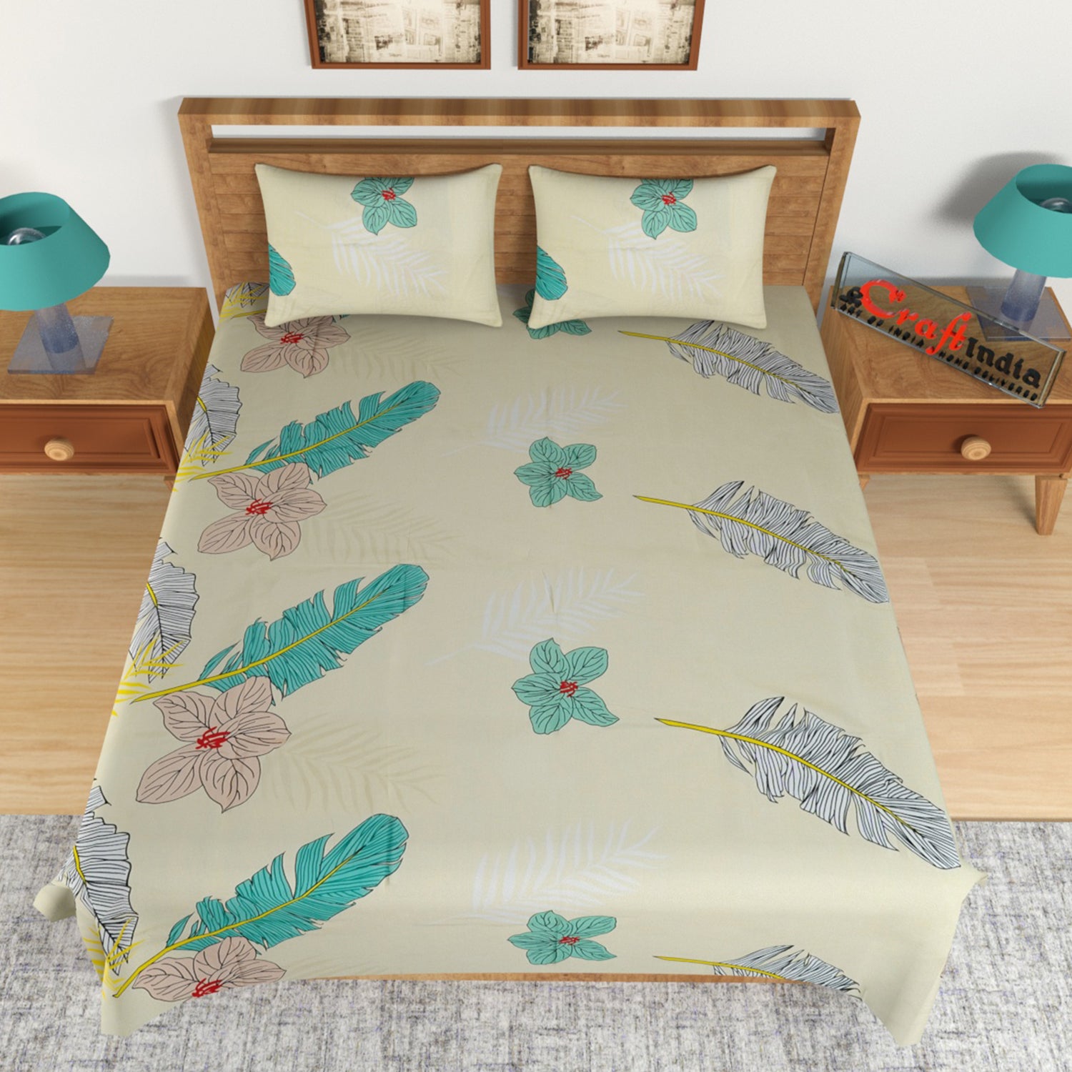 Green and Brown Leaves Print 140 TC Glace Cotton Double Bedsheet (90" x 100") with 2 pillow cover 2