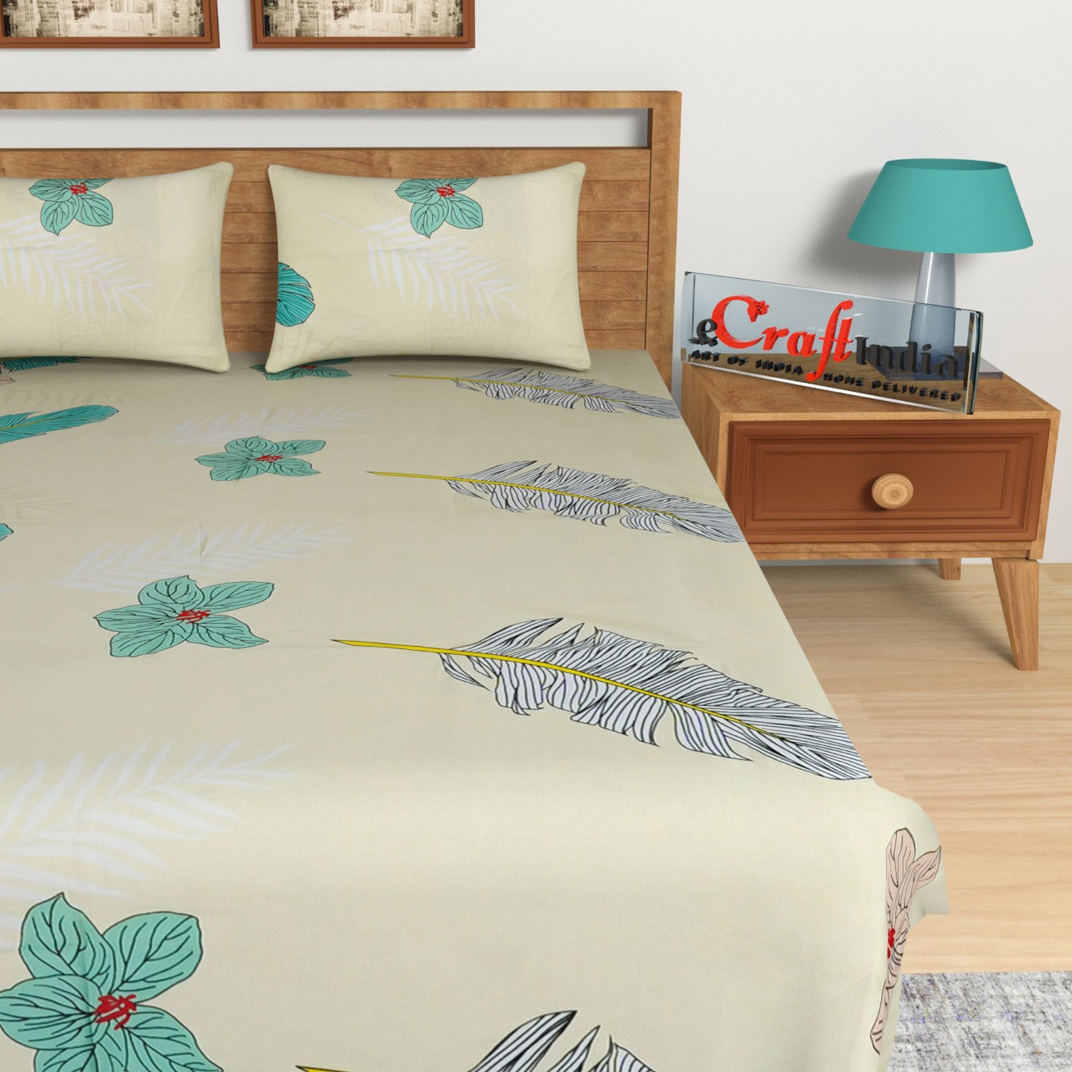Green and Brown Leaves Print 140 TC Glace Cotton Double Bedsheet (90" x 100") with 2 pillow cover 3