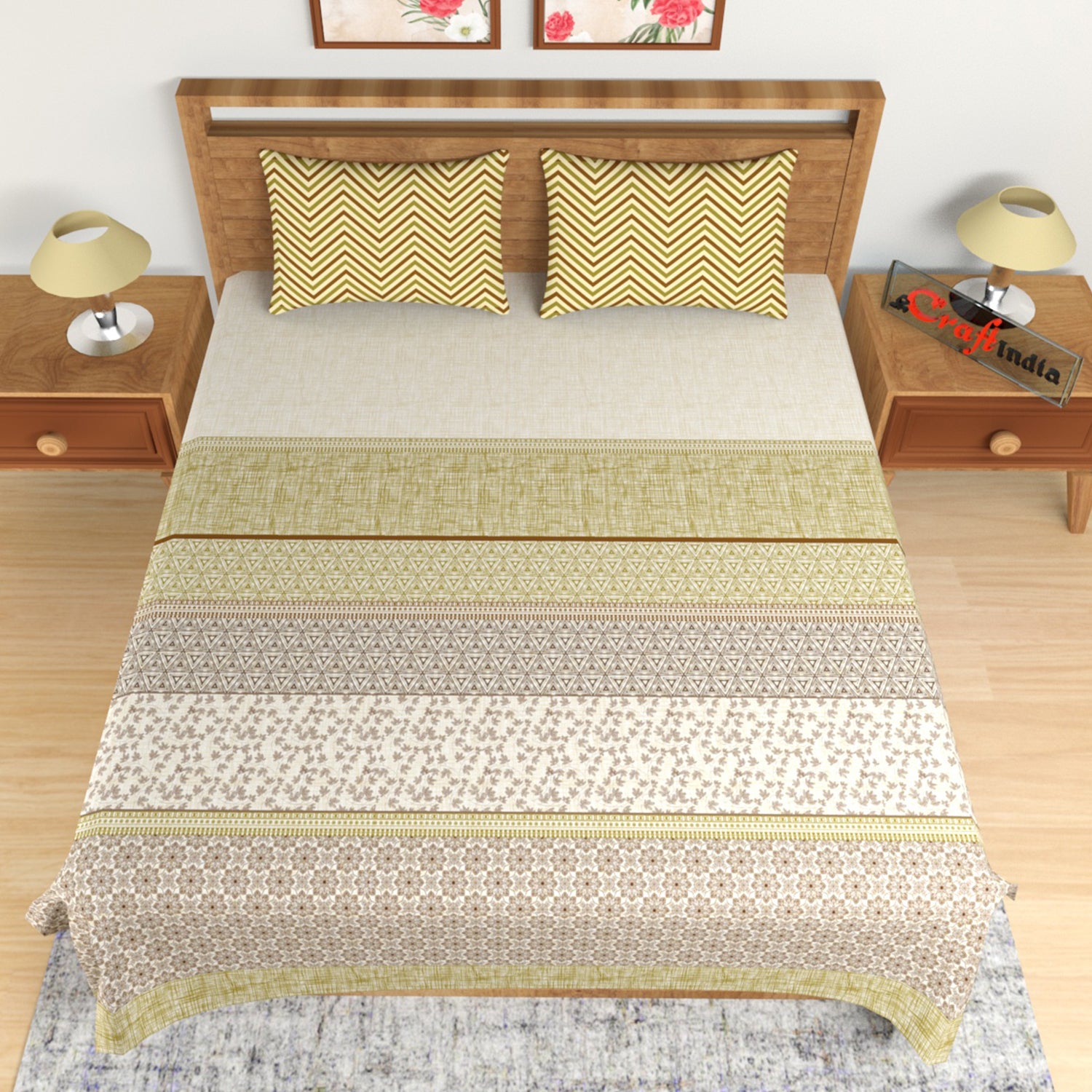 Beige Abstract Print 180 TC Cotton Double Bedsheet (100" x 108") with 2 pillow cover 2