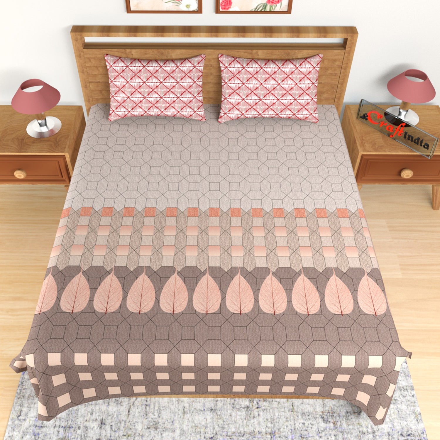 Pink Geometric Print 180 TC Cotton Double Bedsheet (100" x 108") with 2 pillow cover 2