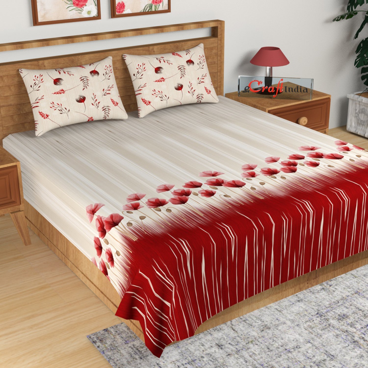Red and Beige Floral Print 180 TC Cotton Double Bedsheet (100" x 108") with 2 pillow cover