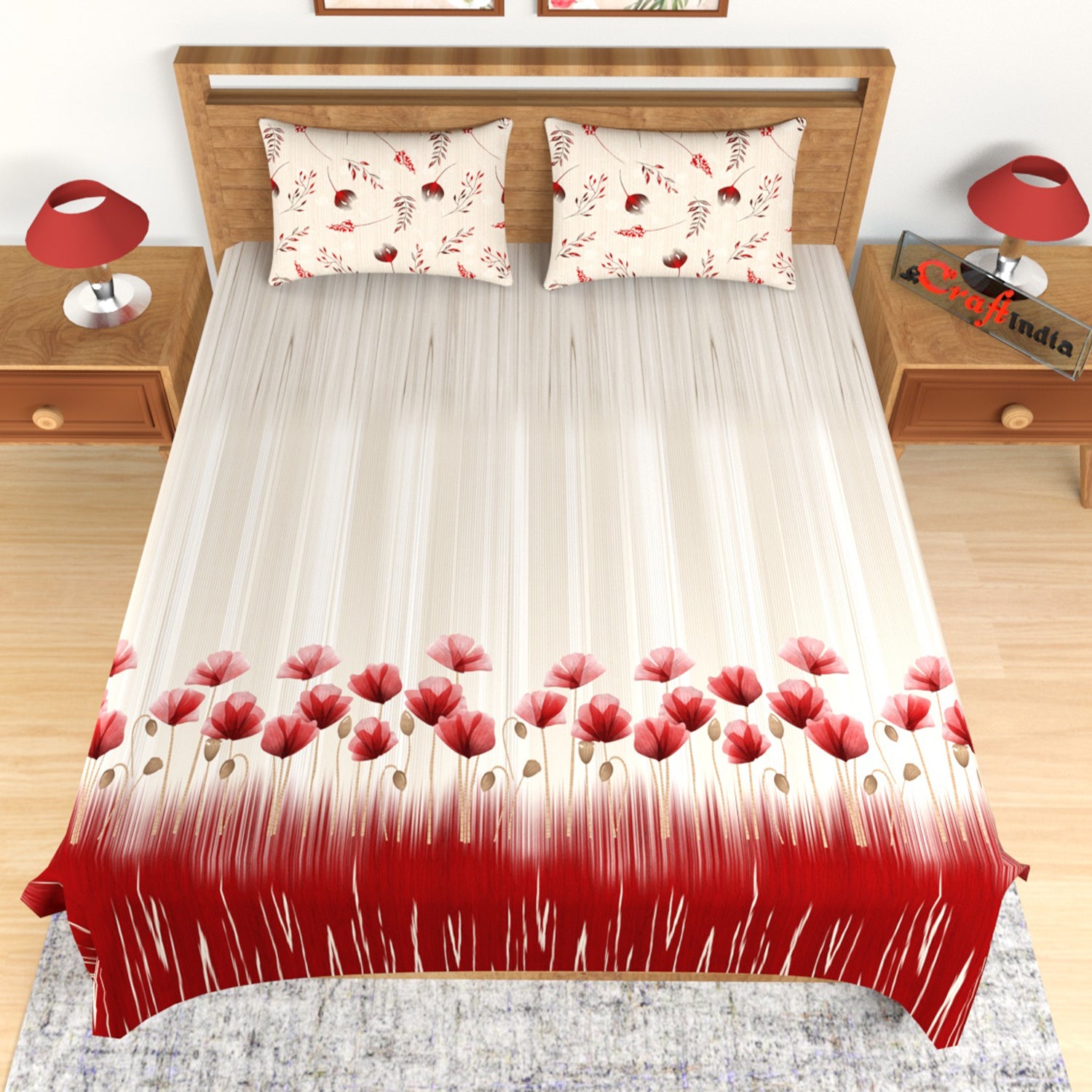 Red and Beige Floral Print 180 TC Cotton Double Bedsheet (100" x 108") with 2 pillow cover 2
