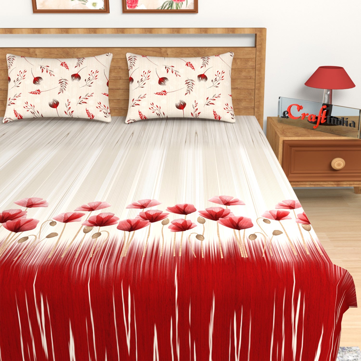 Red and Beige Floral Print 180 TC Cotton Double Bedsheet (100" x 108") with 2 pillow cover 3