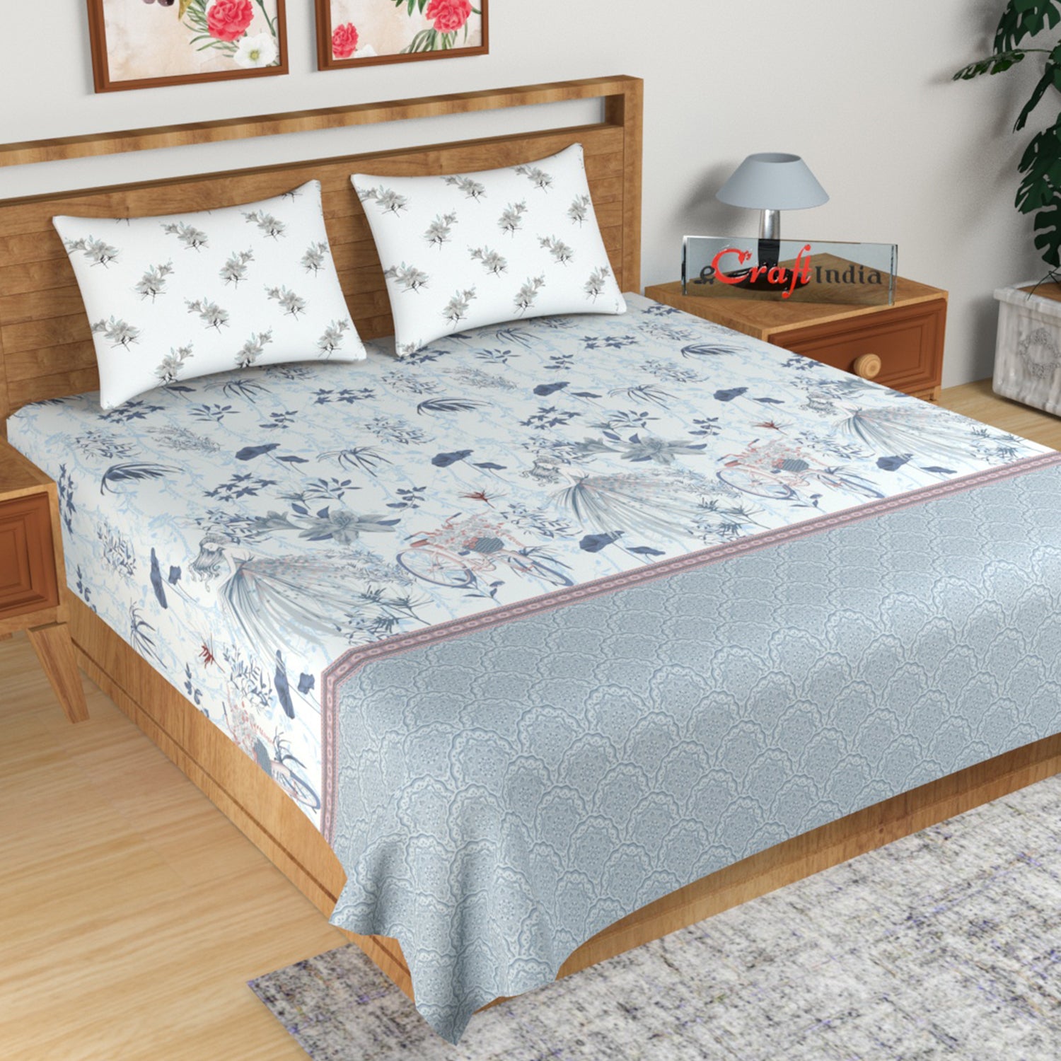 Grey Floral Print 180 TC Cotton Double Bedsheet (100" x 108") with 2 pillow cover