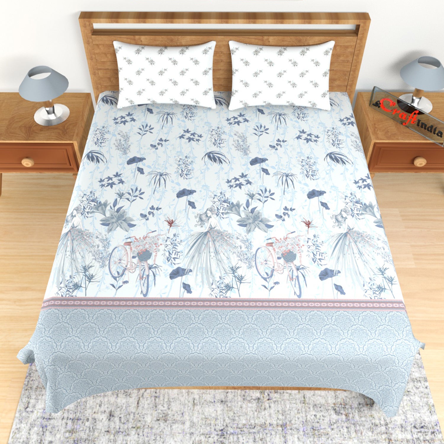 Grey Floral Print 180 TC Cotton Double Bedsheet (100" x 108") with 2 pillow cover 2