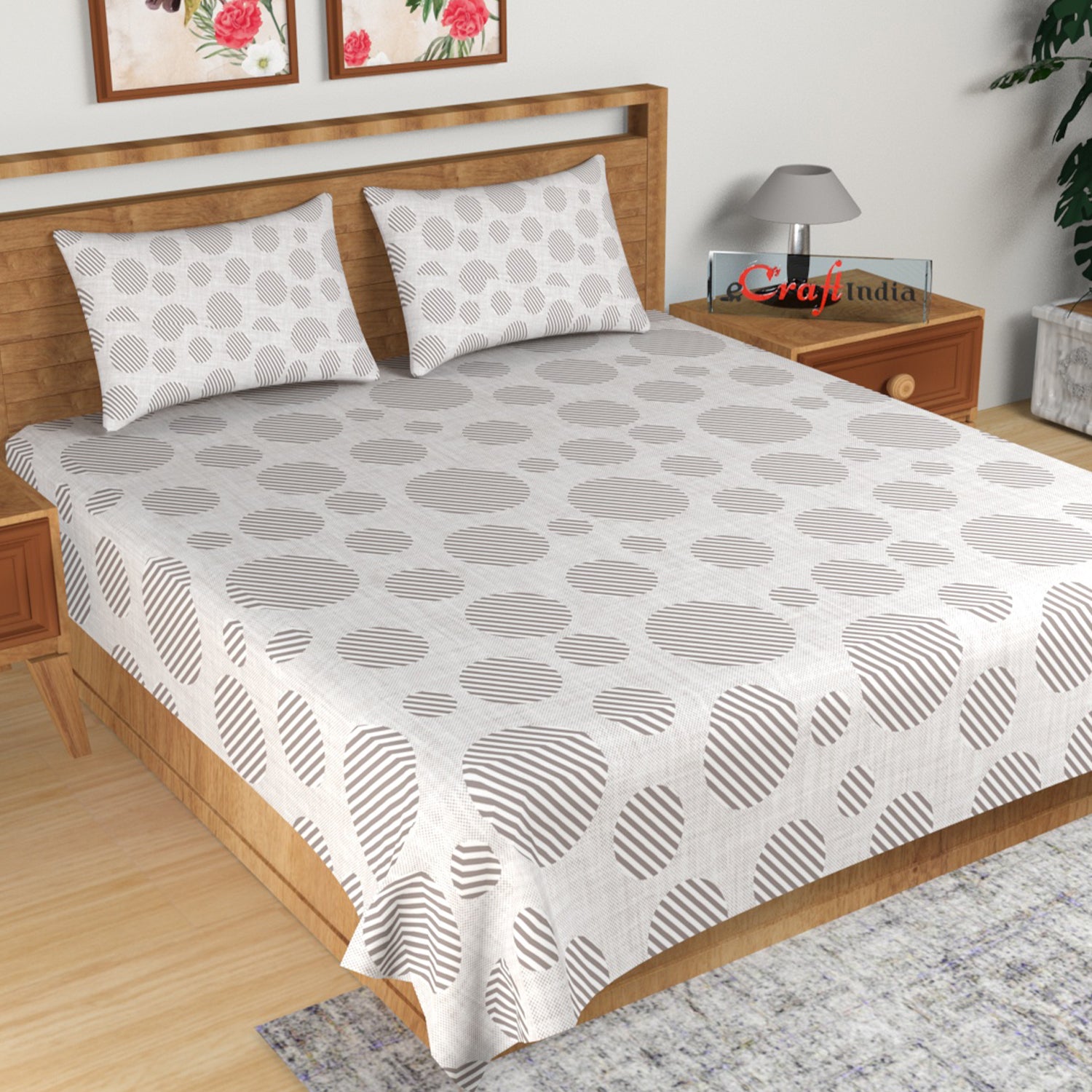 Brown and White Abstract Print 180 TC Cotton Double Bedsheet (108" x 108") with 2 pillow cover