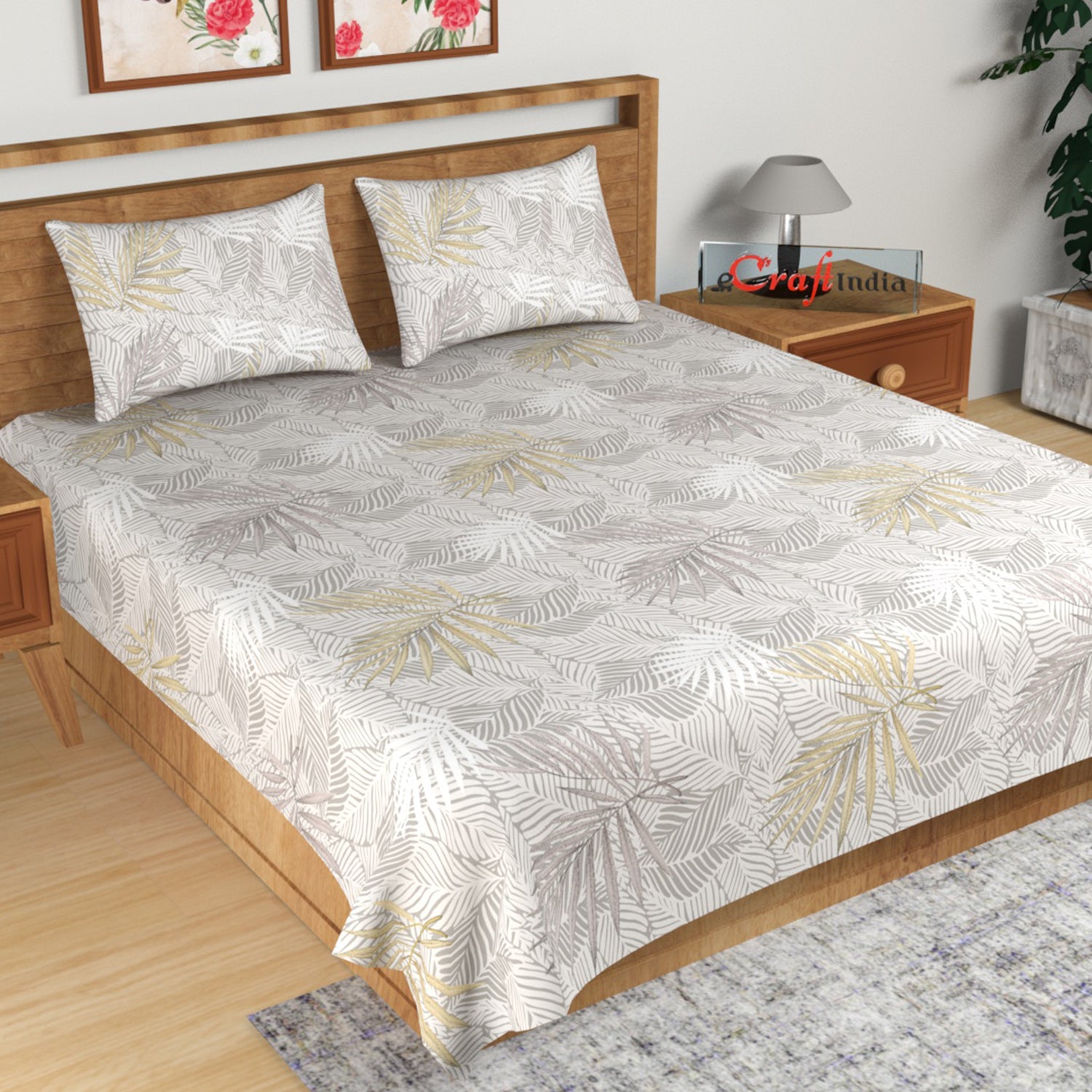 Brown Floral Print 180 TC Cotton Double Bedsheet (108" x 108") with 2 pillow cover