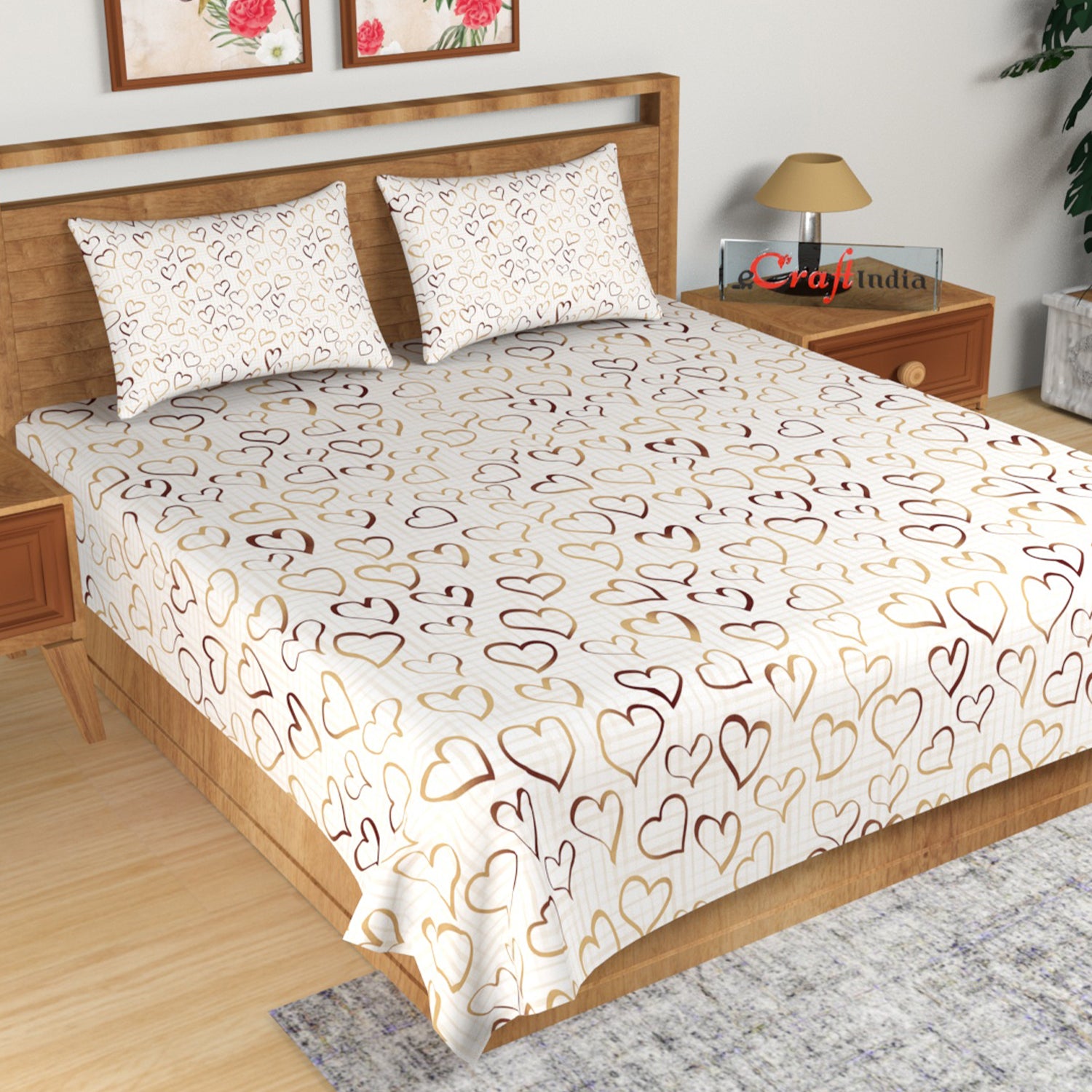 Golden and Brown Hearts Print 180 TC Cotton Double Bedsheet (108" x 108") with 2 pillow cover