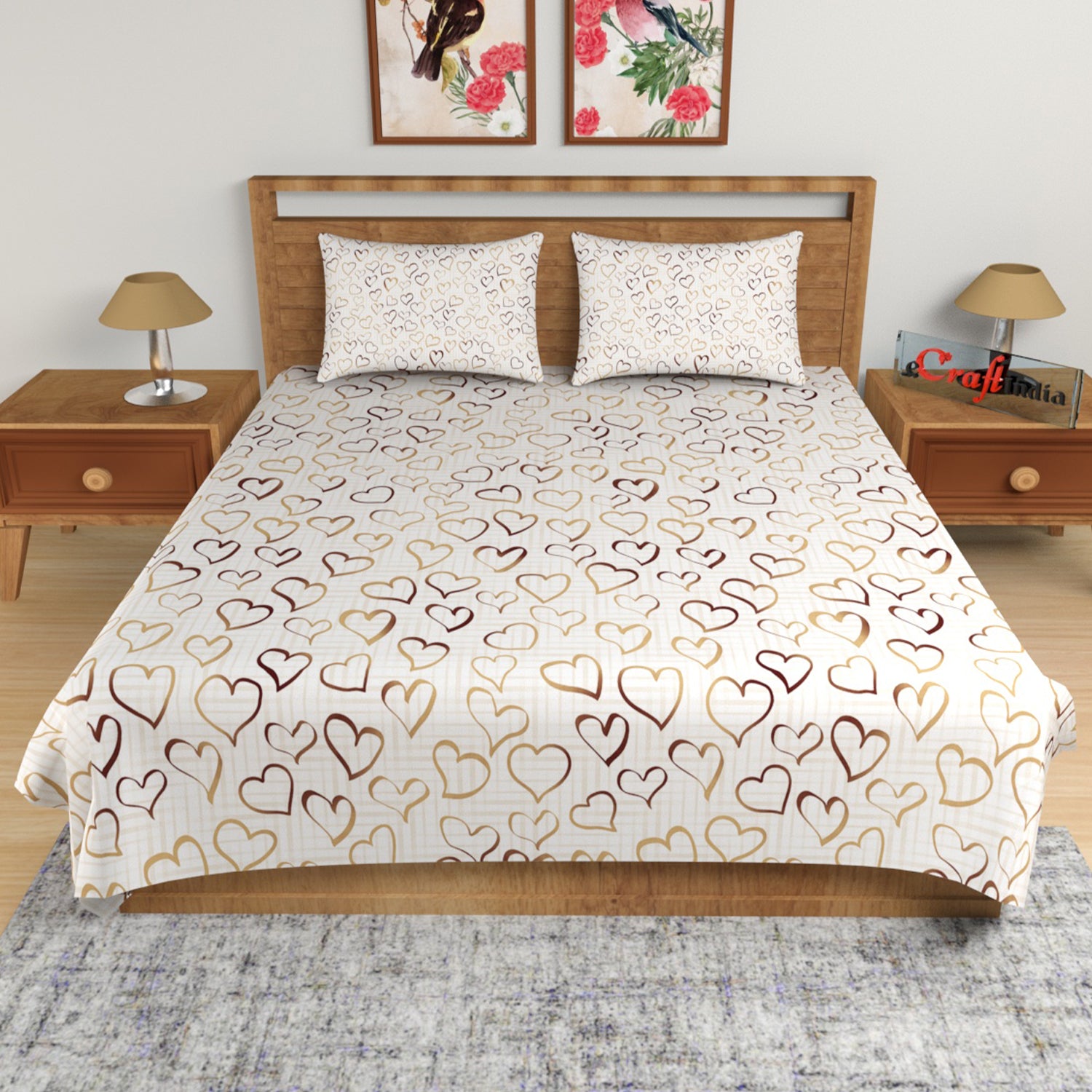 Golden and Brown Hearts Print 180 TC Cotton Double Bedsheet (108" x 108") with 2 pillow cover 1