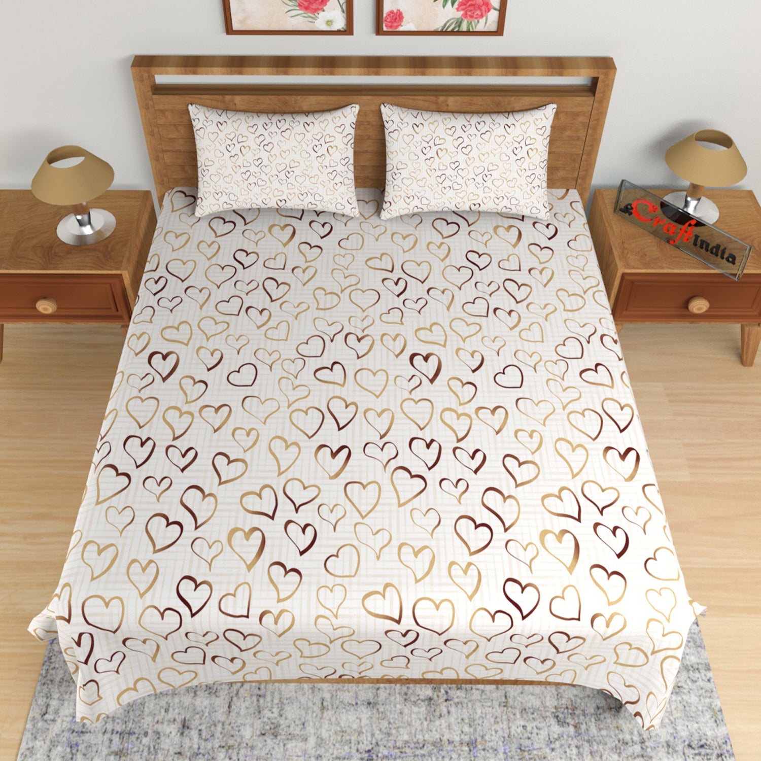 Golden and Brown Hearts Print 180 TC Cotton Double Bedsheet (108" x 108") with 2 pillow cover 2